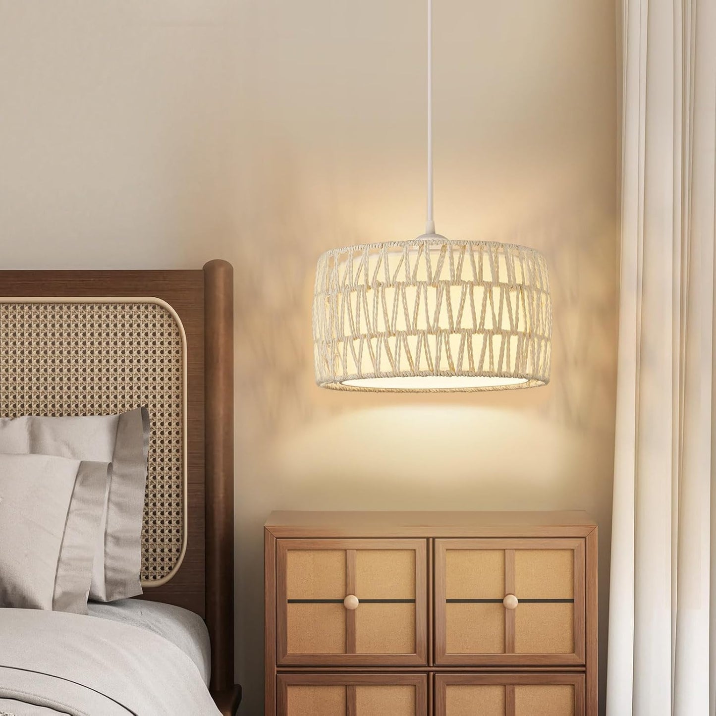 Plug in Pendant Light, Rattan Hanging Lights with Plug in Cord, Woven & Fabric 2 in 1 LampShade, Hanging Lamp Plug in for Bedroom Living Room Kitchen Island-Cream (Bulb Included)