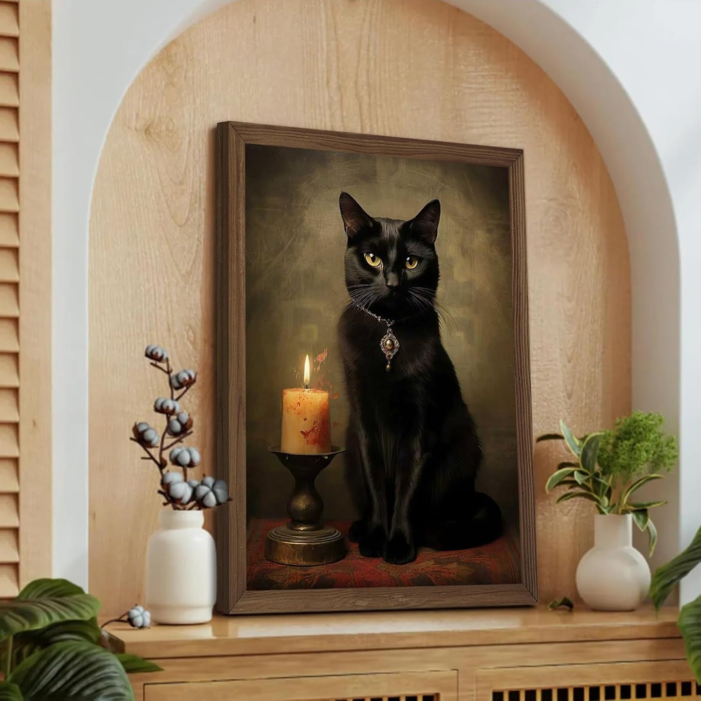 Framed Black Cat Wall Art with Dark Wood Frame – 12x16 Inch Gothic Vintage Cat Canvas Print – Witchcore Witch Aesthetic Painting for Bedroom, Living Room – Dark Academia Decor Poster for Cat Lovers