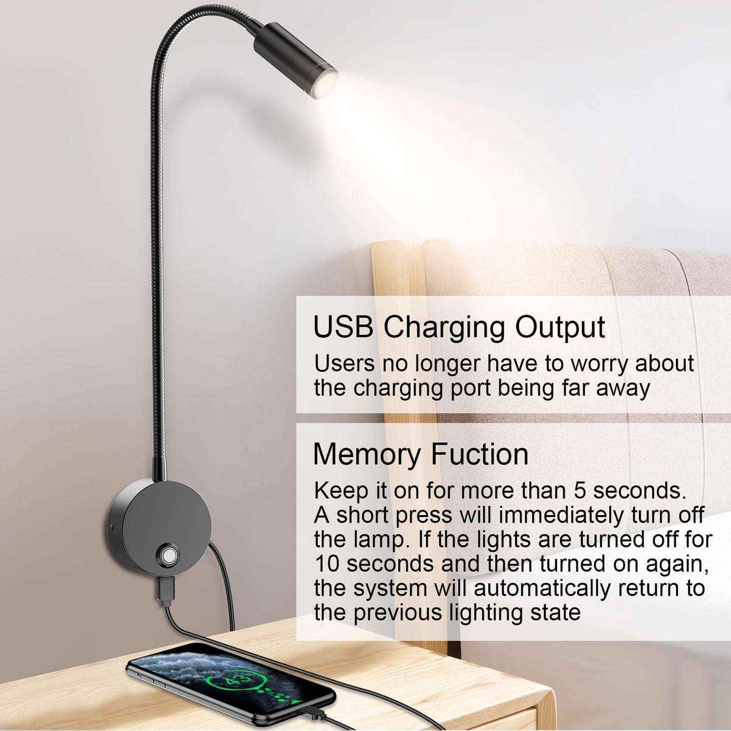 Wall Mounted LED Reading Light with 15" Flexible Gooseneck, Dimmable Book Light for Reading In Bed with USB Charging Port, Plug In Headboard Night Lights, 3 Colors Temperature, Touch Control-2 Pack