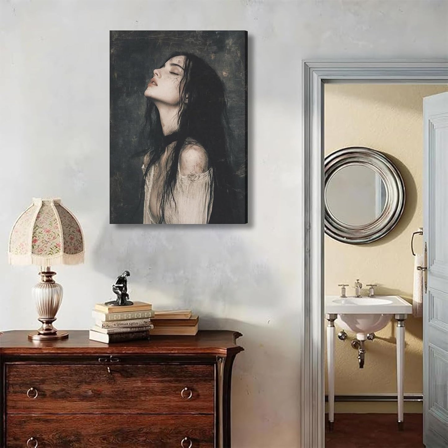 XLYFVLGF Dark Melancholy Bookish Canvas Wall Art Dark preppy wall decor picture Gothic Victorian woman painting artwork Melancholic Reading Nook Print Poster for Bedroom Gallery Decoration 12x16in