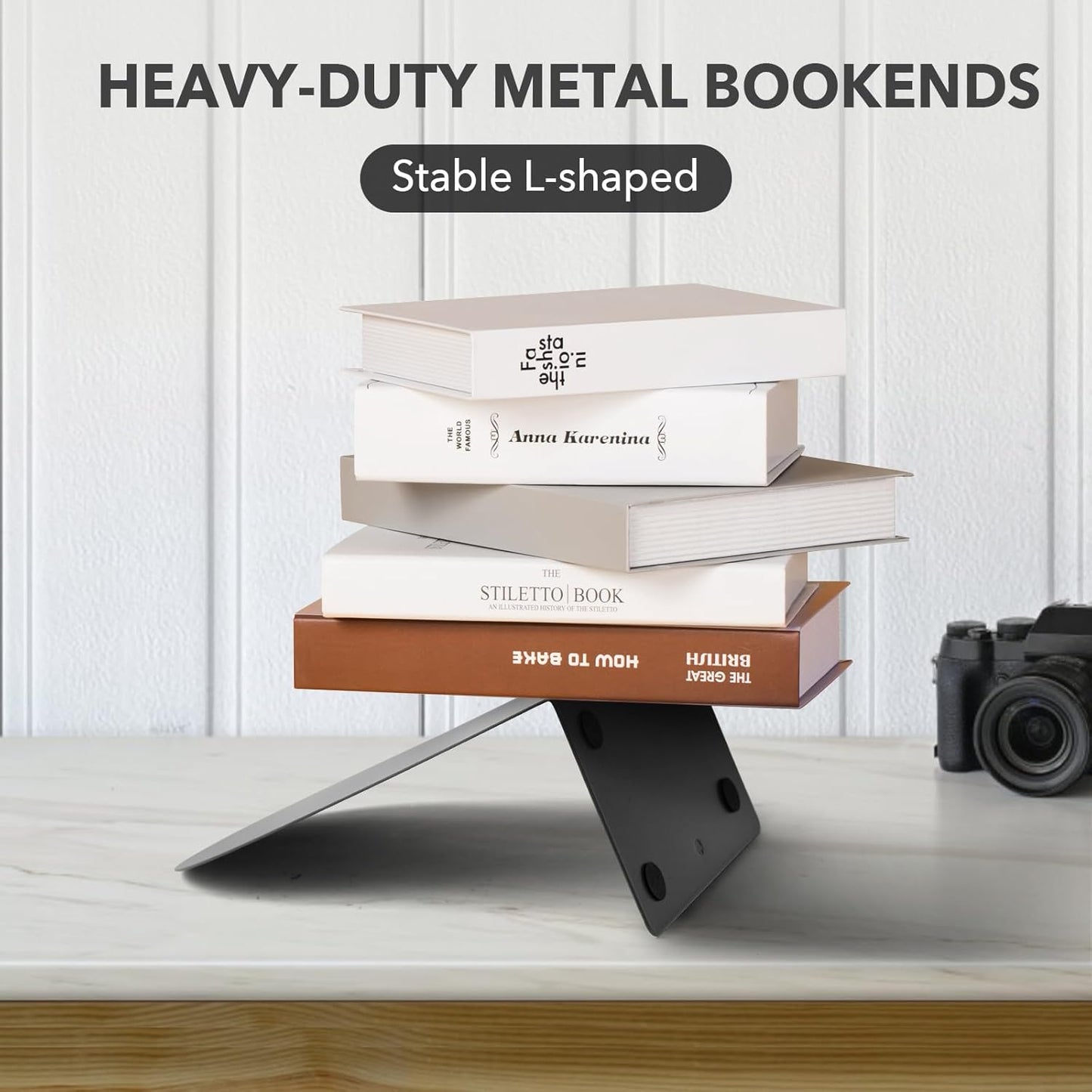 Metal Book Ends for Shelves - 6Pcs Bookends for Heavy Books Non-Skid Decorative Book Stopper to Hold Books/CDs for Home Office School and Desktop Organizer, Black