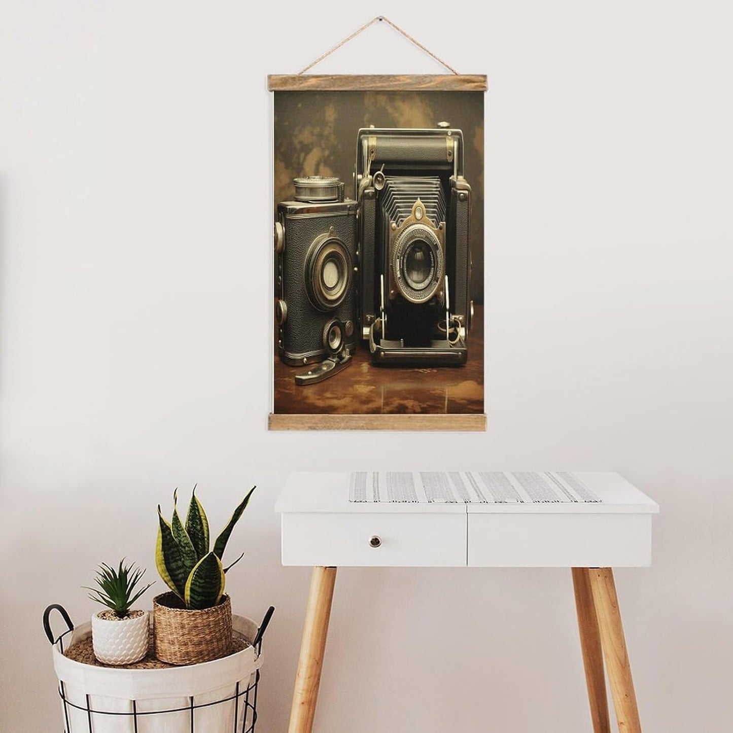 Vintage Old Camera Poster with Wooden Frame Personalized Linen Hanging Scroll Painting Rustic Wall Hanging Illustrative Modern Artwork Decor for Home Living Room Bedroom Office