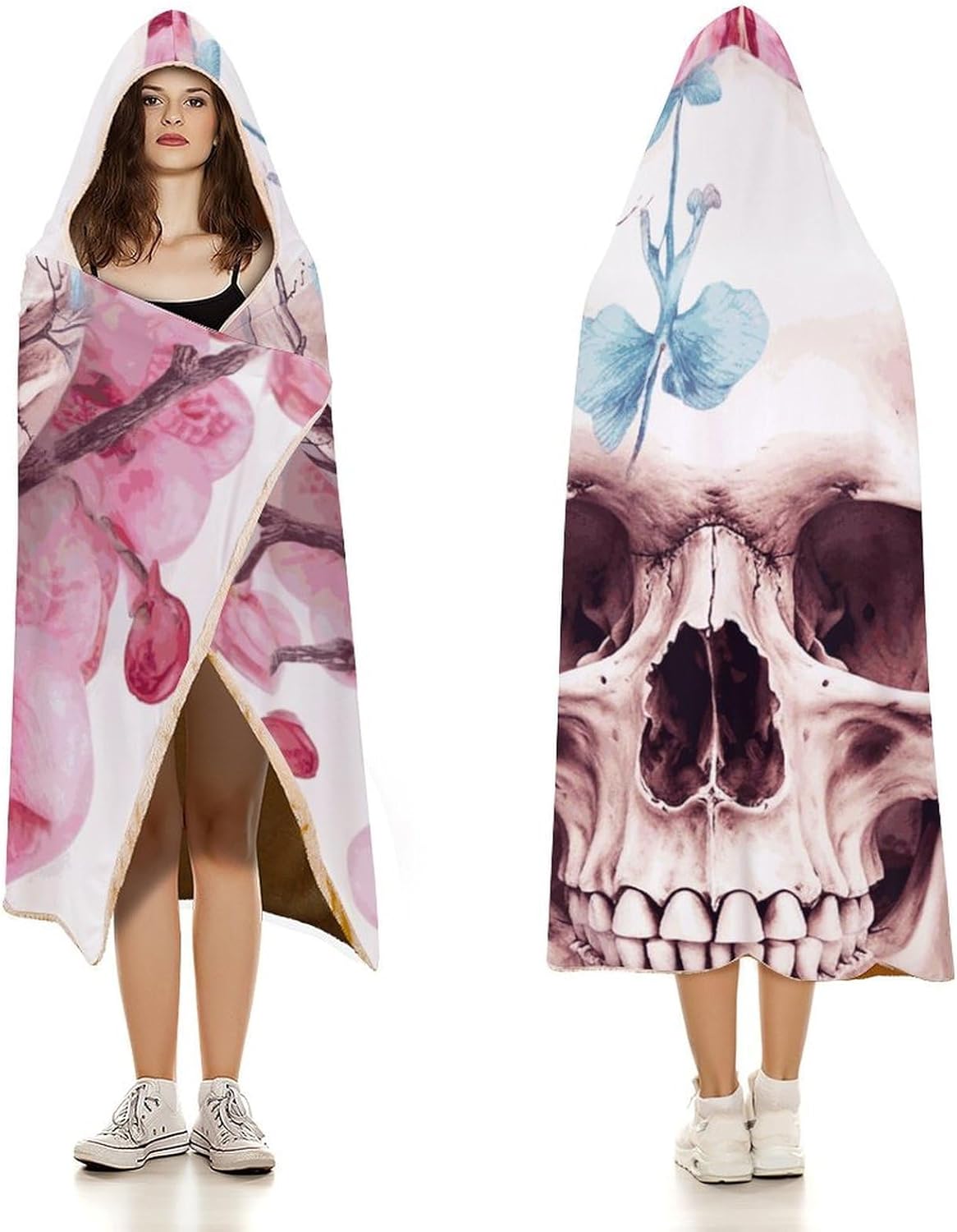 Human Skull Pink Flowers Wearable Blanket Hoodie for Women Men Oversized Soft Fleece Blanket Sweatshirt Cozy Poncho-