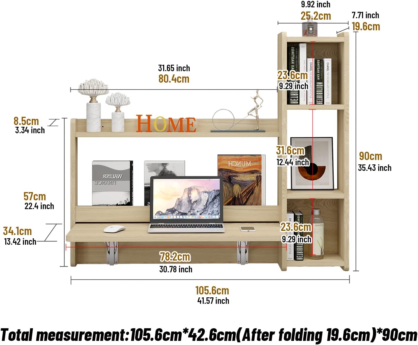 Pmnianhua Floating Desk,41''Wall Mounted Table Folding Fold Down Laptop Computer Desk with Storage Shelves for Wall Bedroom Small Space (Light Oak)