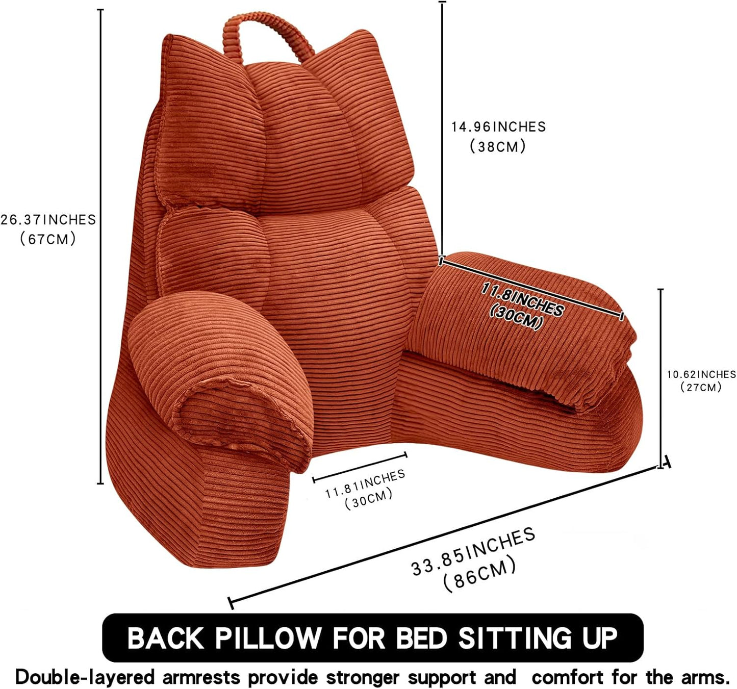 RRPAHWTV Reading Pillow for Bed with High Arm Rests,Back Support Pillow for Sitting Up in Bed with Shredded Memory Foam for Reading, TV, Gaming or Relaxing on Floor（Bright Orange，Large）