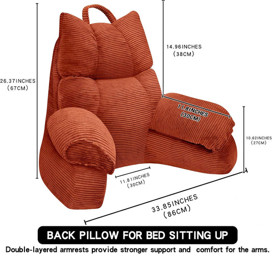 RRPAHWTV Reading Pillow for Bed with High Arm Rests,Back Support Pillow for Sitting Up in Bed with Shredded Memory Foam for Reading, TV, Gaming or Relaxing on Floor（Bright Orange，Large）