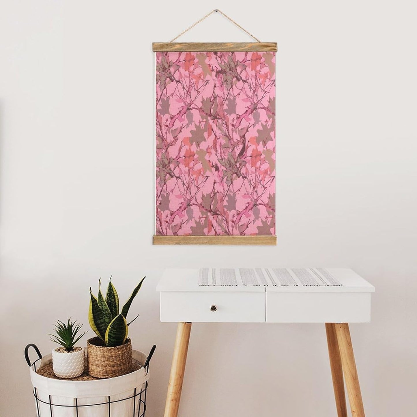 Vintage Pink Leaves Camo Poster with Wooden Frame Personalized Linen Hanging Scroll Painting Rustic Wall Hanging Illustrative Modern Artwork Decor for Home Living Room Bedroom Office