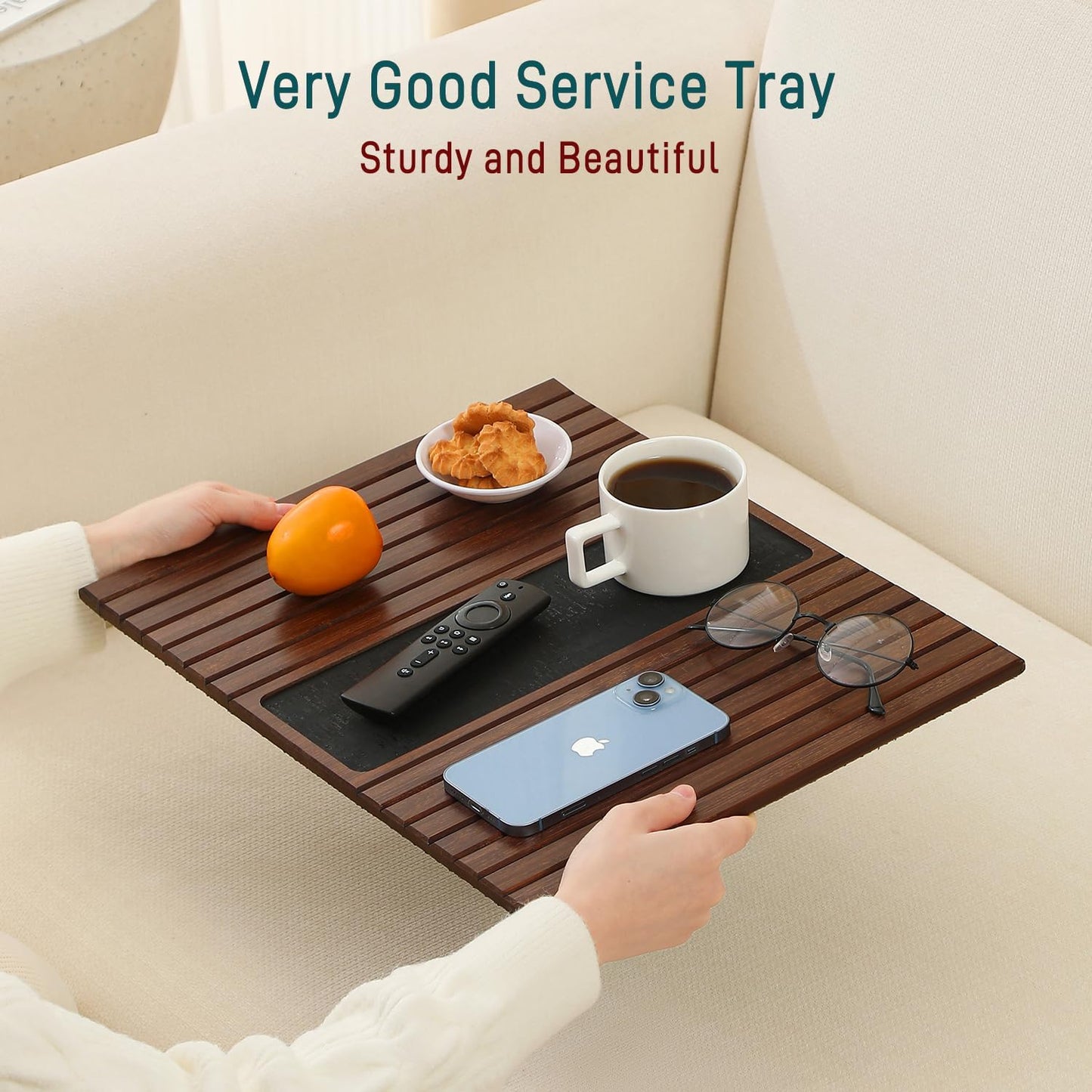 Bamboo Couch Arm Tray Table with Anti-Slip Cork Pad，Foldable Sofa Armrest Tray Table for Couch，Flexible Couch Arm Cup Holder，Portable Sofa Arm Chair Table for Drink, Snacks, Phone, Remote (Brown)