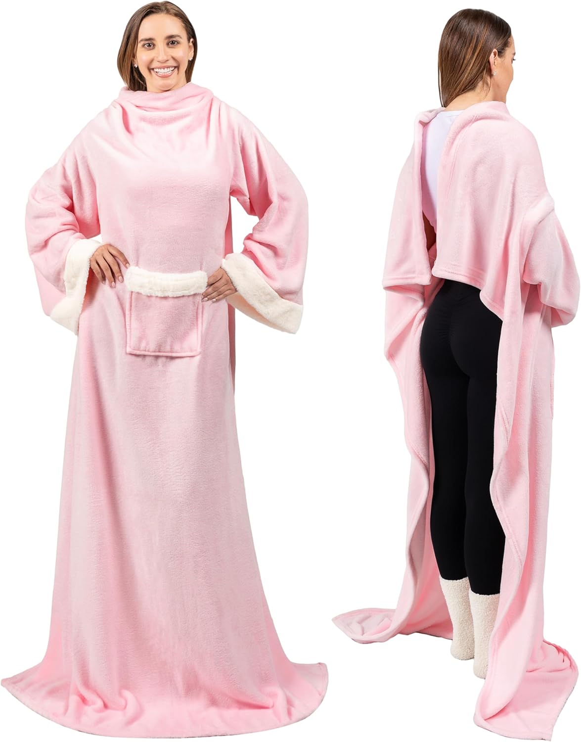 PAVILIA Fleece Blanket with Sleeves for Women Men Adults, Wearable Blanket Warm Soft Plush, Snuggle Pocket Sleeved TV Throw Wrap, Cozy White Elephant Gifts Ideas for Mom Wife, Light Pink