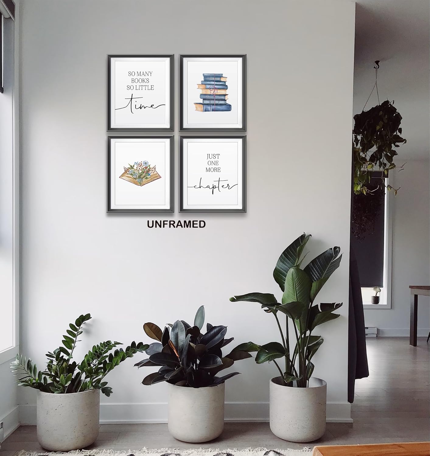AEHIE So Many Books So Little Time Wall Art Print, Just One More Chapter Poster Prints for Reading Corner Decor, Funny Quote Wall Decor, Book Floral Wall Art, 4pcs 8x10inch