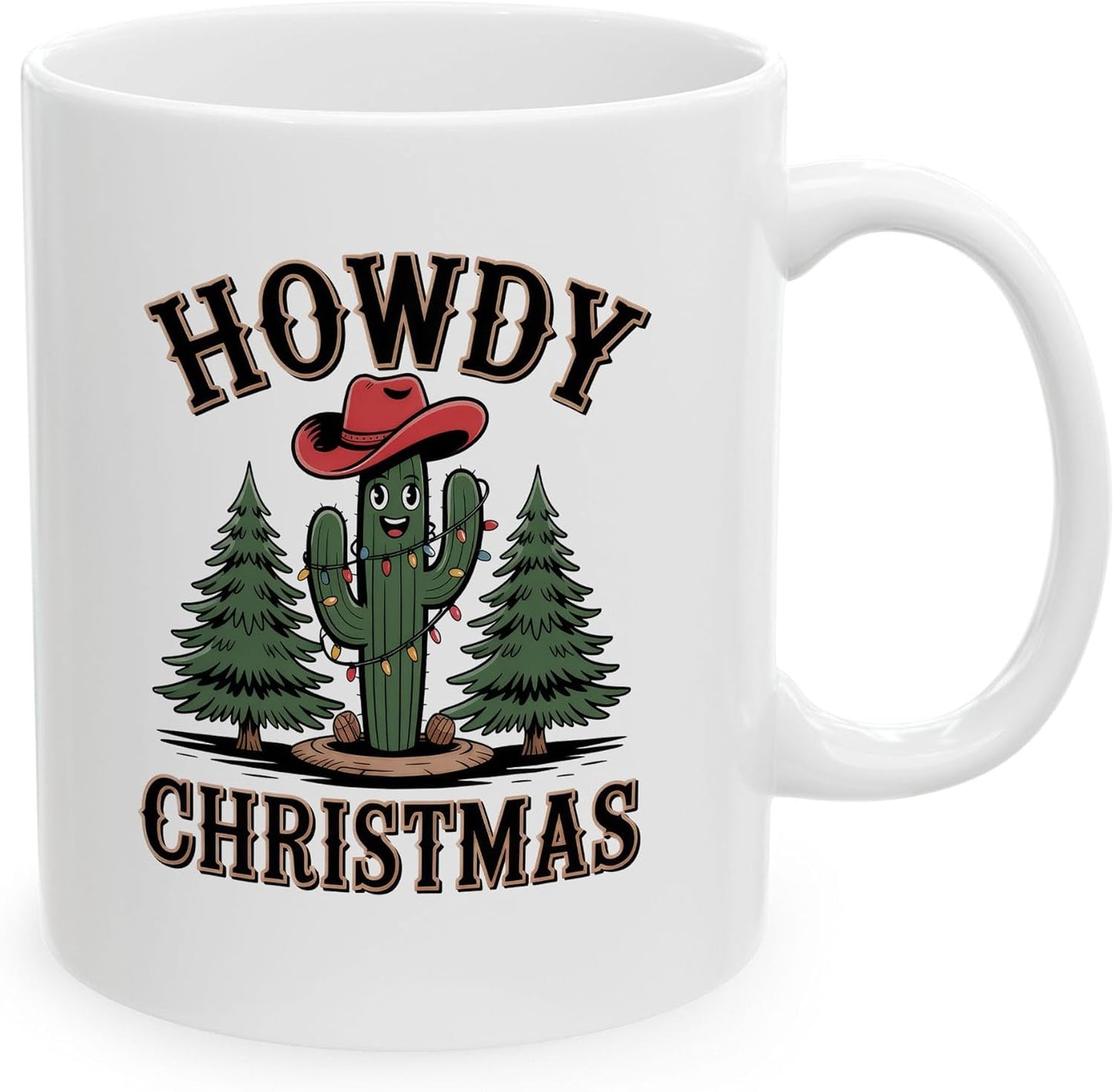 Rustic Howdy Christmas Western Cactus White Mugs, 11oz 15oz Drinking Cups, Kitchen Décor, Gifts For Book Lovers