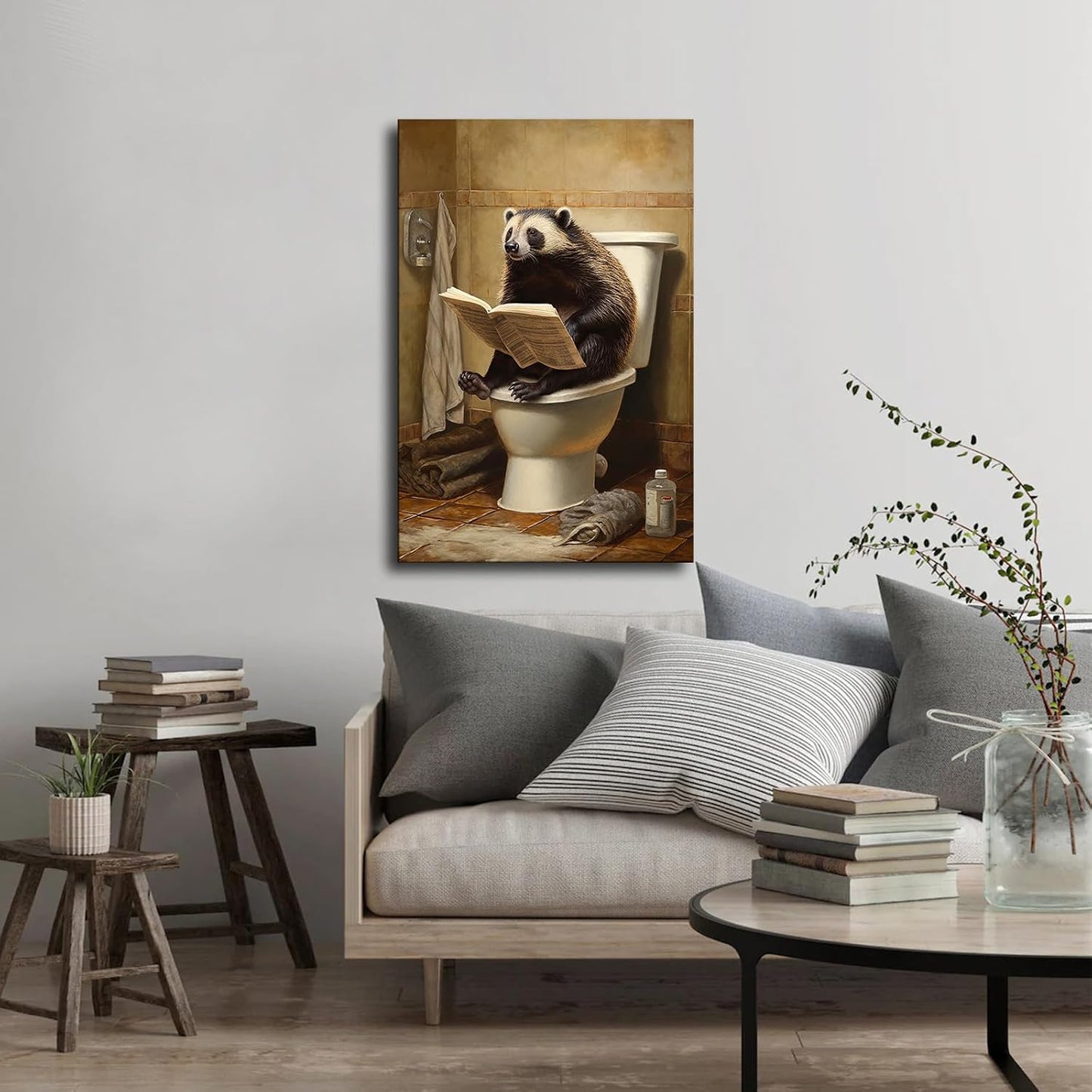 Funny of Animal Honey Badger Sitting on Toilet and Reading Newspaper Posters Modern Aesthetic Canvas Wall Art Home Interior HD Decorative Painting Holiday Gift (20×30inch-Unframed)