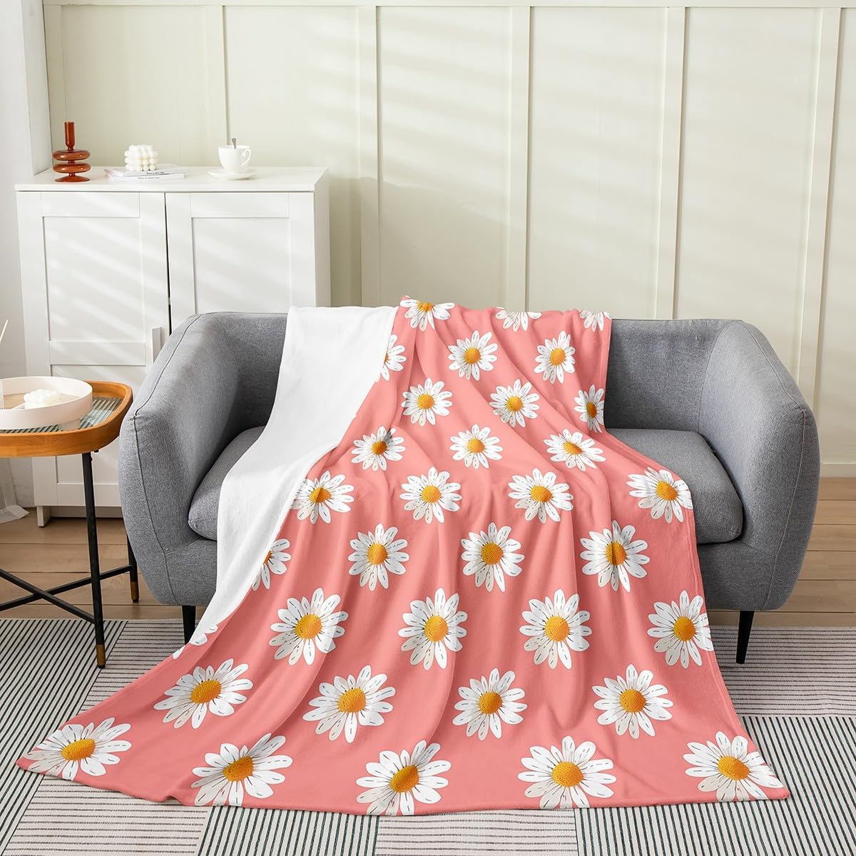 Feelyou Daisy Plush Throw Blanket Queen 90"x90" Natural Theme Flannel Fleece Blanket Botanical Floral Printed All Season Bed Blanket Blossom Flowers Pattern Blanket Room Decor Pink