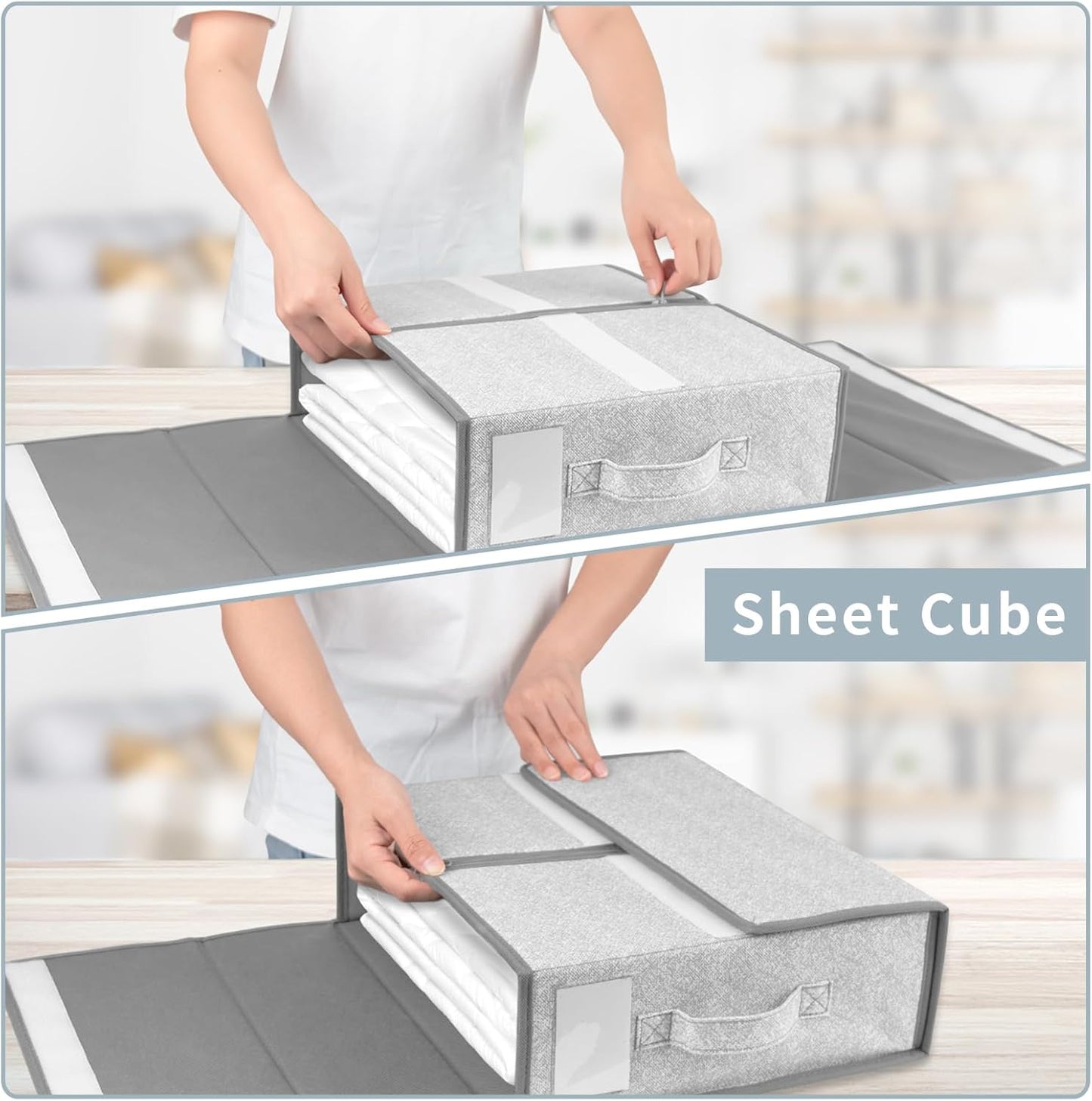 Gleiven 4-Pack Bed Sheet Organizers and Storage – Foldable Linen Fabric Storage Box with Label Slot, Closet Organizer for Bedding Sheets, Duvet Covers, and Pillowcases-gray