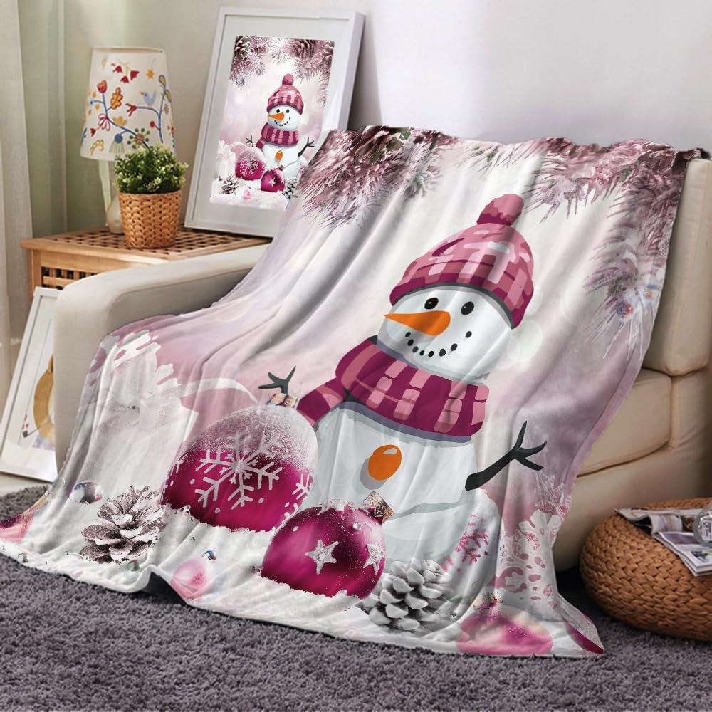 Pink Christmas Snowman Blanket, Cute Pink Christmas Tree Snowflake Soft Plush Warm Bed Couch Blanket, Winter Xmas Holiday Flannel Throws to Decorate The Room and Bedroom, 50X60 Inch