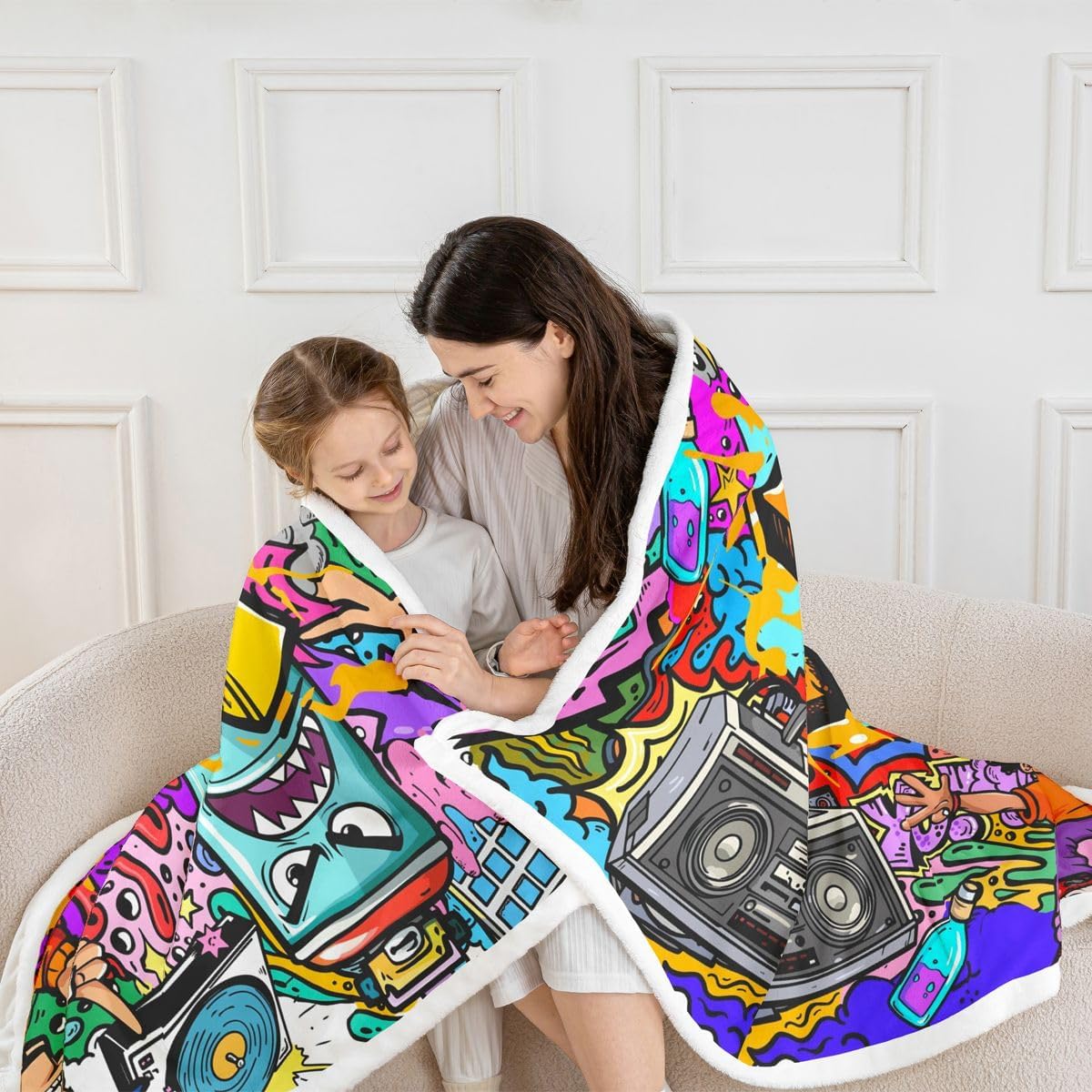 Hippie Graffiti Fleece Throw Blanket Hip Hop Radio Rock Sherpa Blanket Kids Boys Colorful Graffiti Pattern Plush Blanket Watercolor Art Fuzzy Blanket for Sofa Bed Couch Throw 50x60 Inch