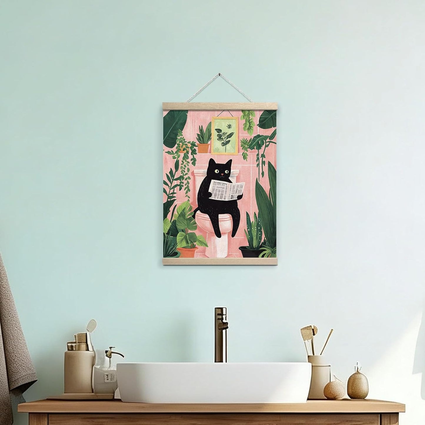 GOVGRTB Funny Black Cat Bathroom Canvas Wall Art Cat Reading Newspaper On Toilet Pink Green Plant Artwork,Vintage Wall Art for Bathroom Bedroom Living Room,Cat and Plant Lovers Wall Decor 12x16 Inch