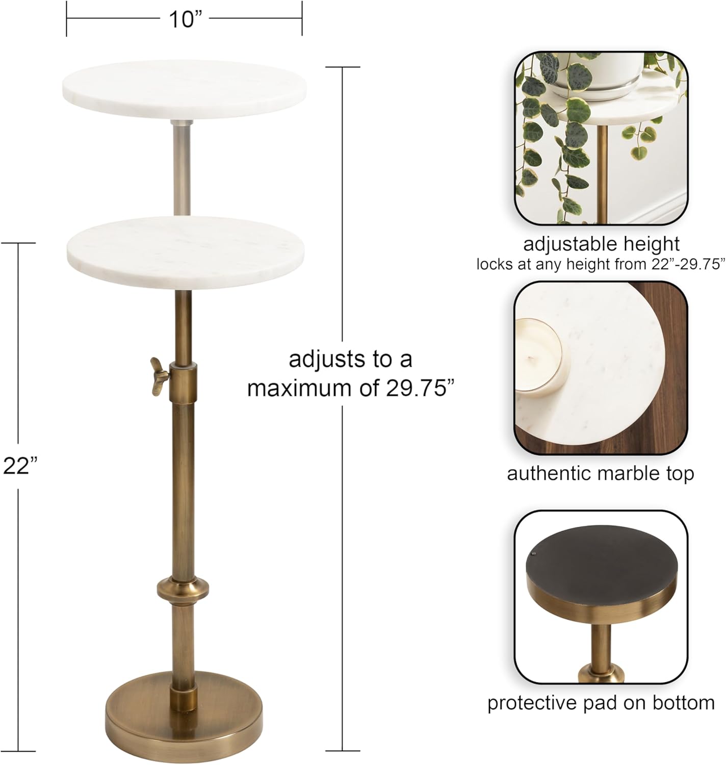 Kate and Laurel Engles Traditional Adjustable-Height Pedestal Drink Table, 10 x 10 x 30, White Marble and Antique Brass, Vintage Round Indoor Metal Plant Stand with Authentic Marble Tabletop