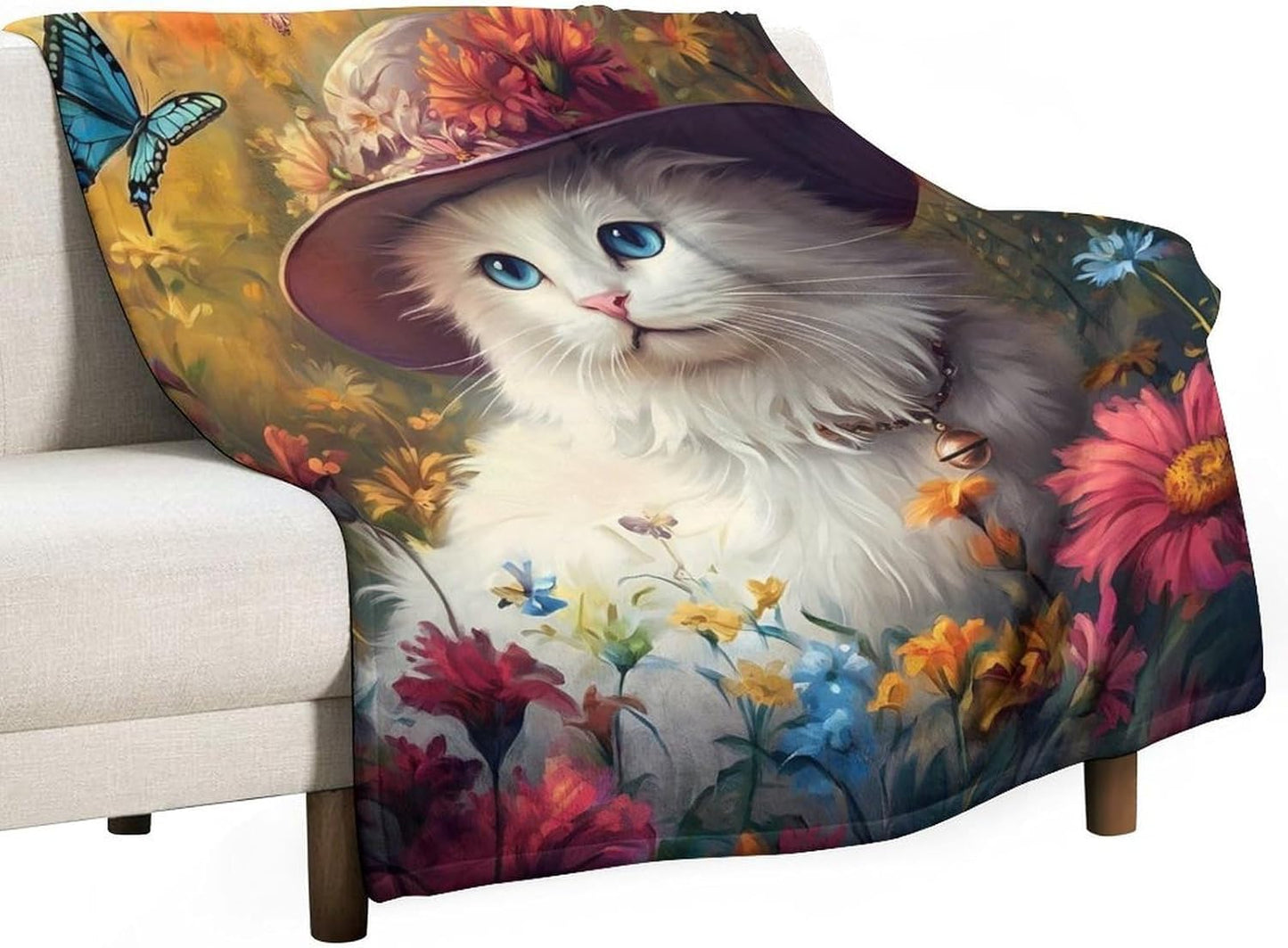 White Cat Throw Blanket for Couch Bed Plush Cozy Fuzzy Flannel Blanket for All Season 70"x80"