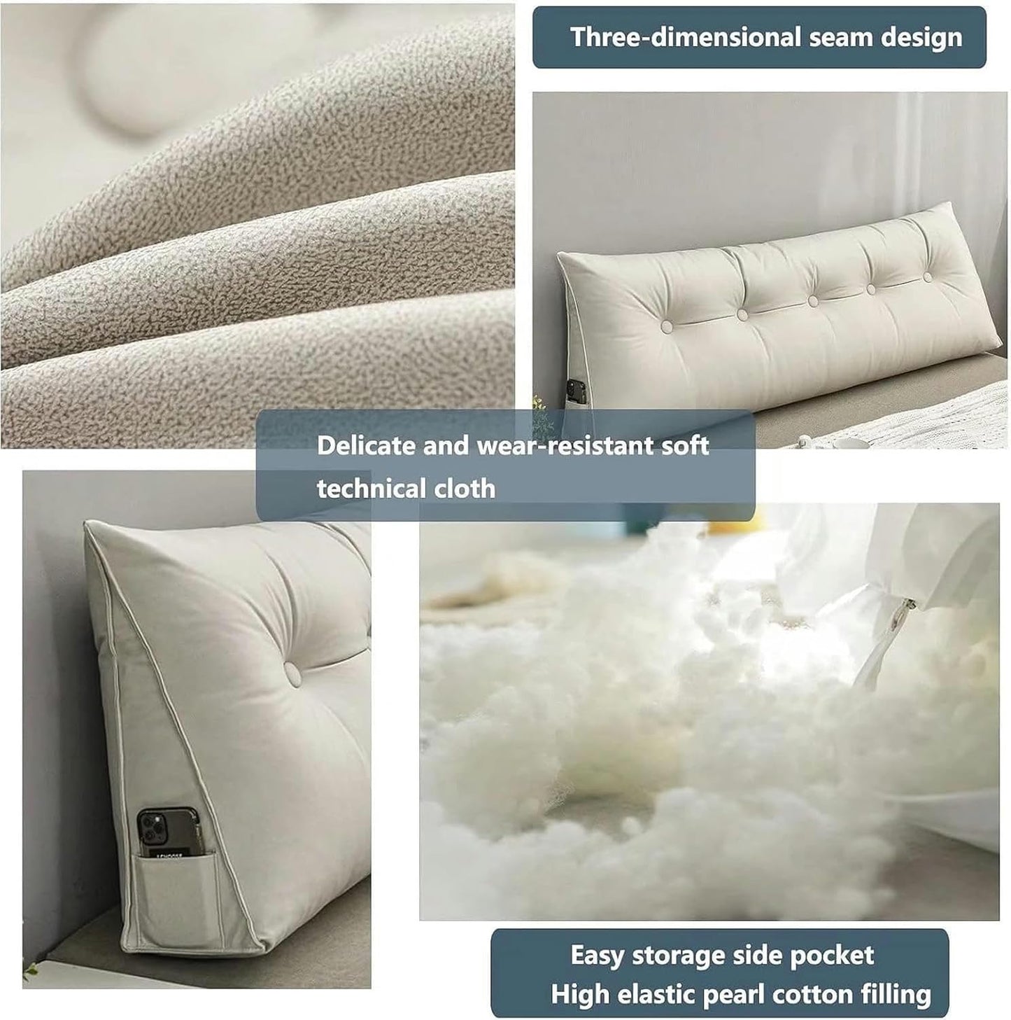 Dustproof Bed Rest Reading Wedge Headboard Backrest Tufted Pillow with Large Side Pockets, Breathable Triangular Headboard Wedge Pillow Triangular Wedge Pillow Soft Headboard