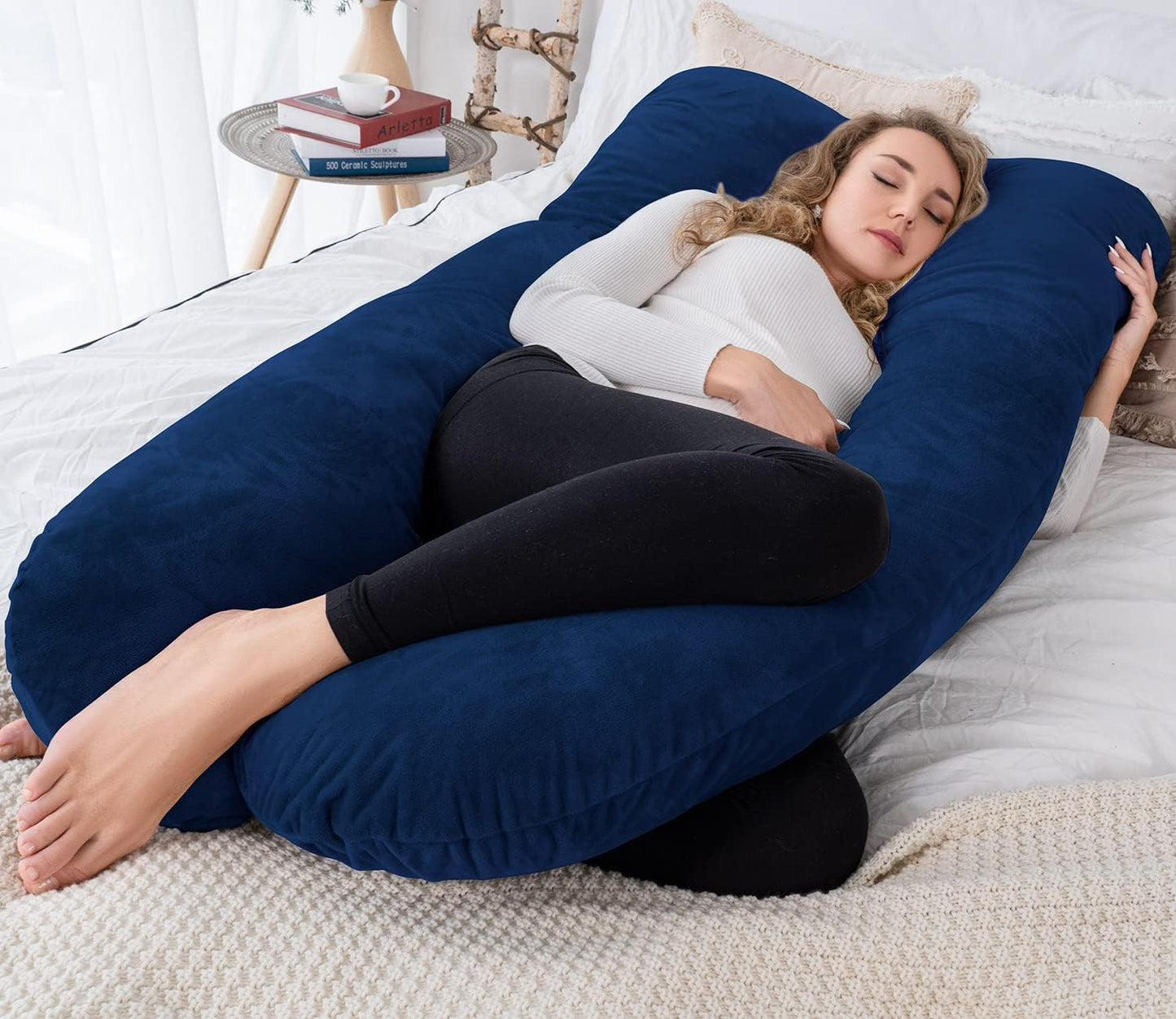 AngQi Pregnancy Body Pillow, U Shaped Full Body Pillow with Removable Velvet Cover, Navy Maternity Pillow