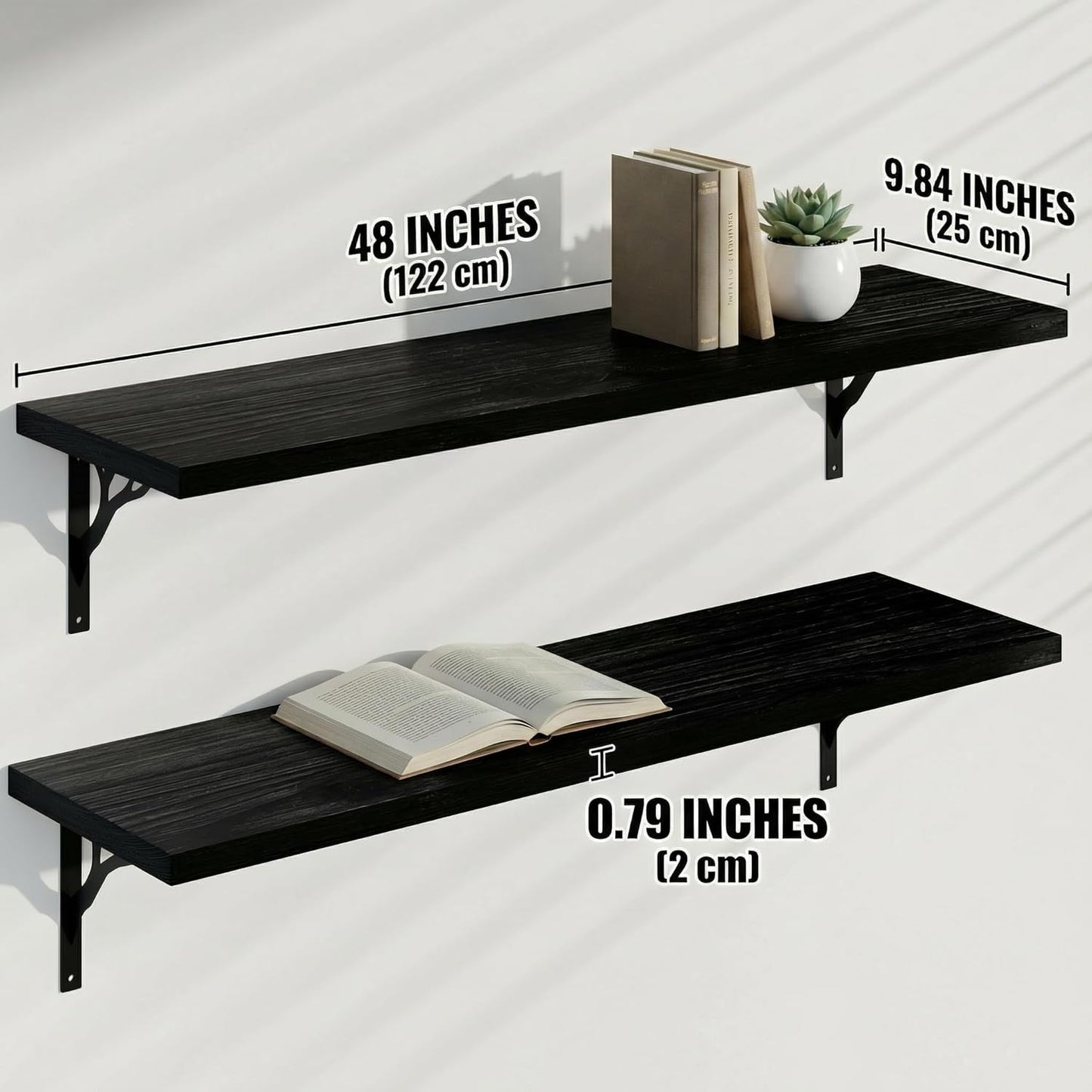 48Inch Solid Pine Wood Floating Shelves Set of 2, Black Wood Wall-Mounted Storage Shelves with Heavy-Duty Metal Brackets | Decorative Hanging Book Shelf for Living Room,Bedroom,Bathroom,Kitchen