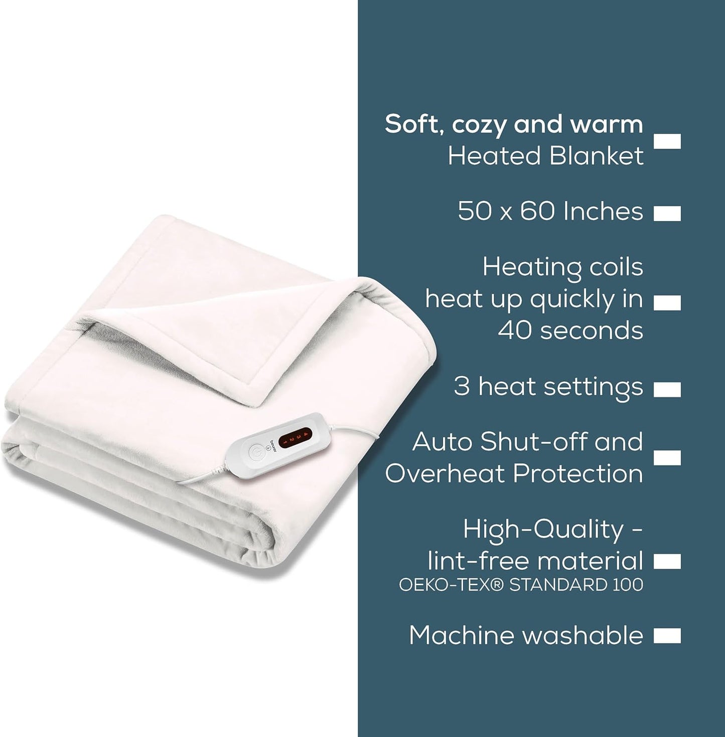 Beurer HD61 Super-Cozy Heated Blanket - Fast Heating Electric Blanket with 4 Heat Settings, Machine Washable Fabric, 4 hrs Auto Shut Off,Warm Heated Throw Blanket (50 x 60 inches)