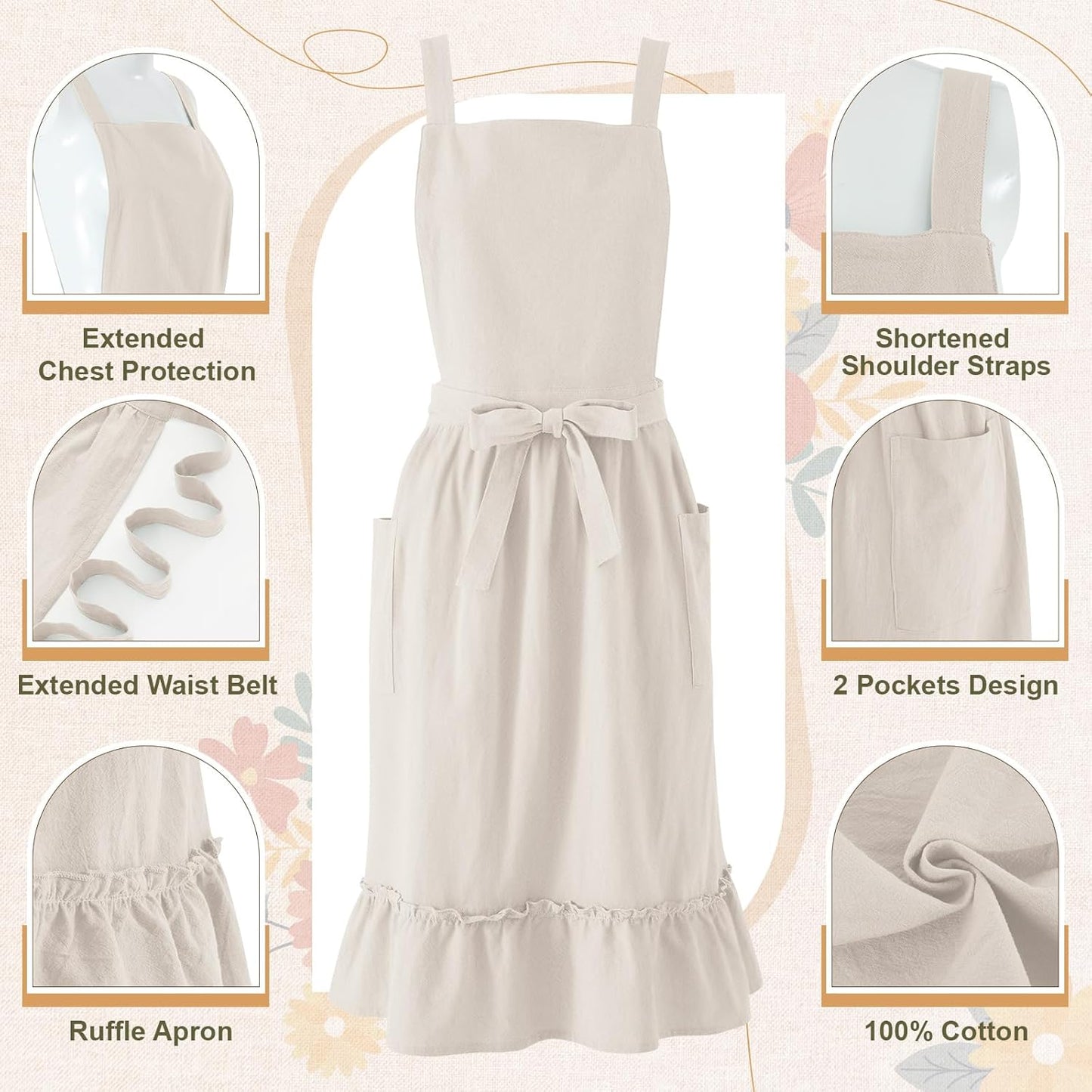 100% Cotton Aprons with Pockets Pinafore Dress for Women Vintage Cute Aprons for Kitchen Baking Gardening Painting