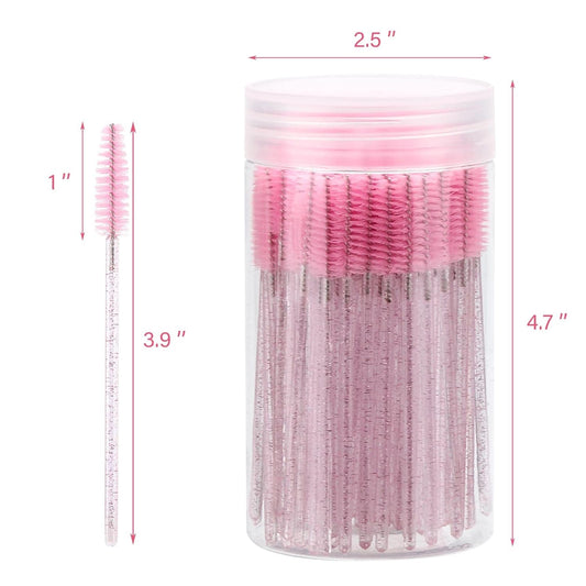 100 Pcs Disposable Mascara Wands, Crystal Eyebrow Spoolies Brush for Eyelash Extensions, Pink Lash Brushes with Container