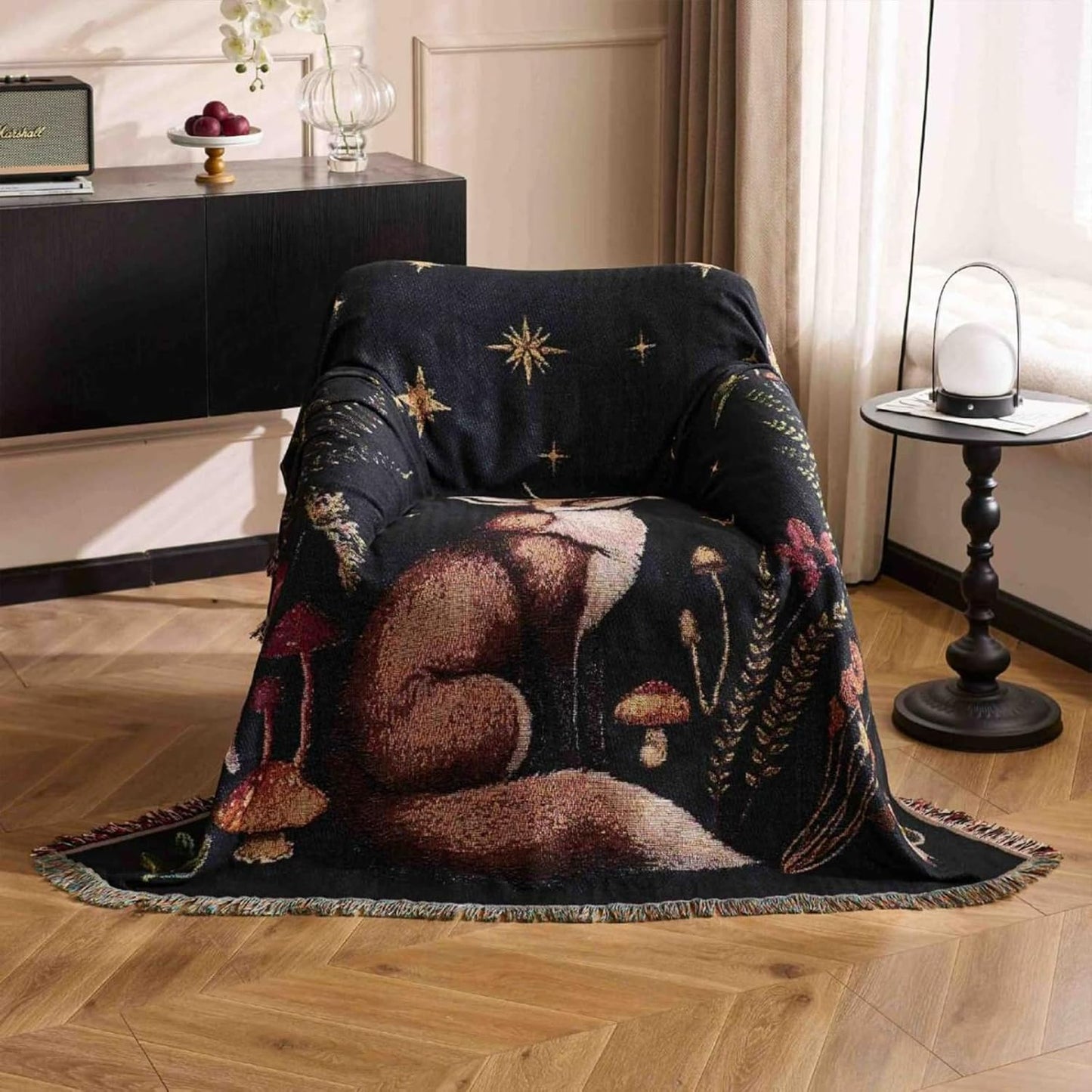Mystical Fox Moon & Stars Woven Throw Blanket, Floral Tapestry Blanket with Fringe, Cozy Decor for Sofa, Bed, Living Room