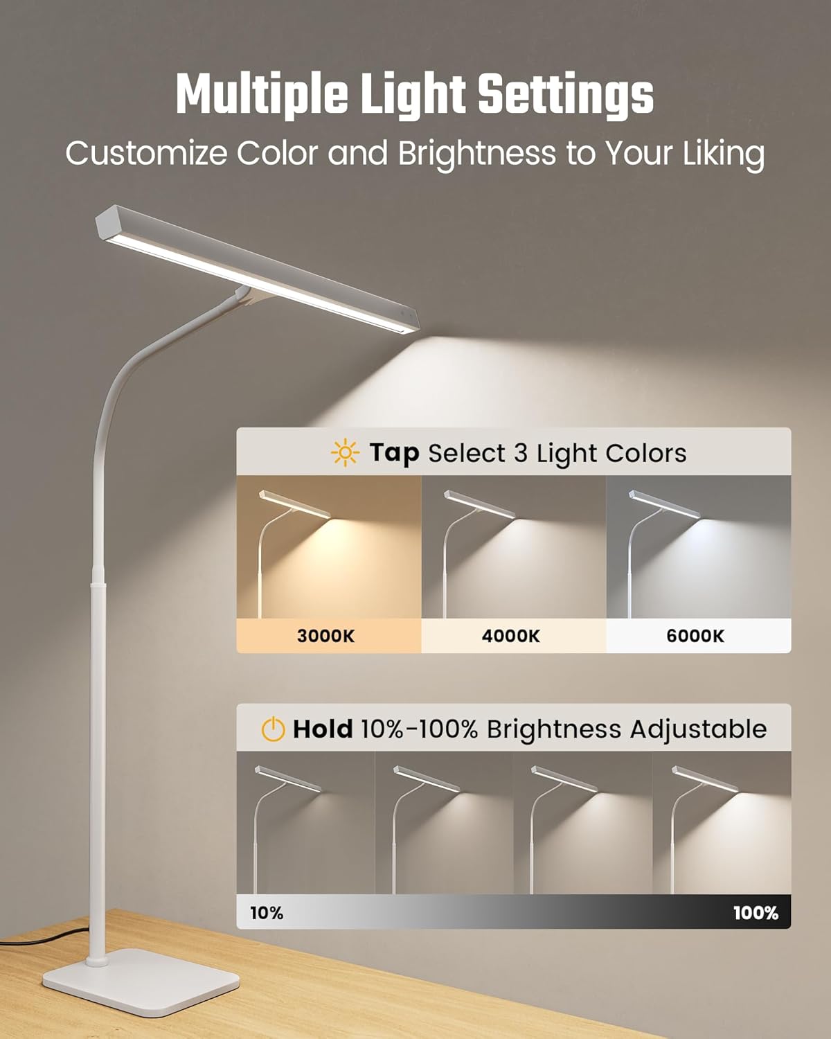 SUPERDANNY LED Desk Lamp for Home Office, Eye-Caring Desk Light with Base, 12W Touch Control 3 Colors Dimmable Brightness, Gooseneck Architect Lamp for Computer Monitor Reading Workbench, White