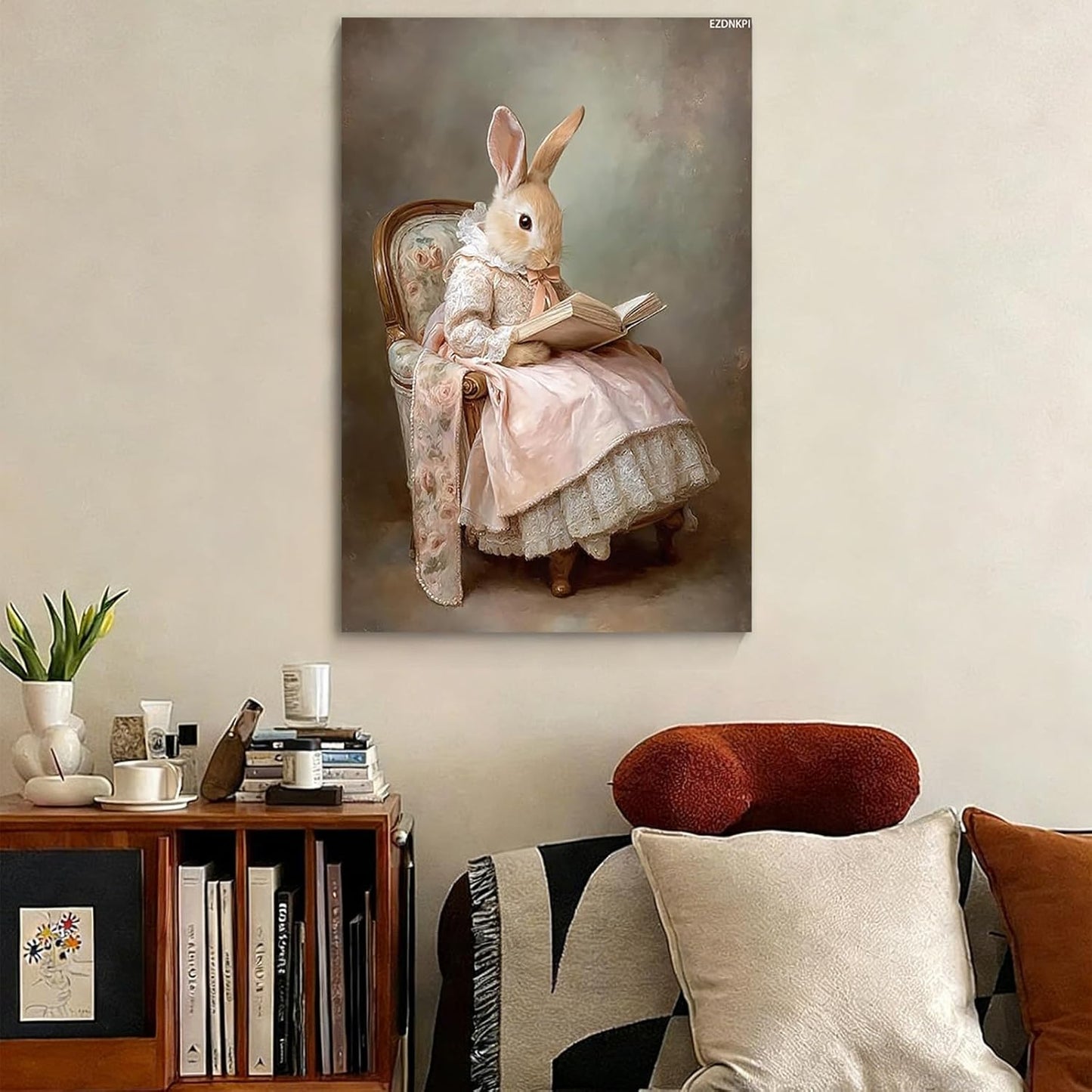 Reading Bunny Canvas Wall Art Vintage Rabbit in Dress with Book Wall Decor for Living Room Bedroom 8x12inch Framed