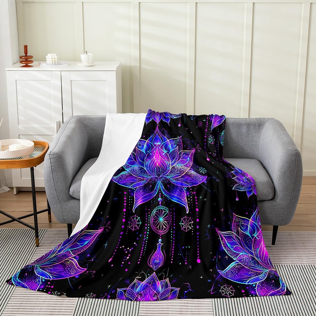 Erosebridal Bohemian Lotus Fuzzy Blanket Queen 90x90,Boho Hippie Paisley Blanket,Gradient Tribal Floral Flowers Throw Blanket Oriental Decor,Abstract Exotic Style Fleece Blanket,Pink Blue