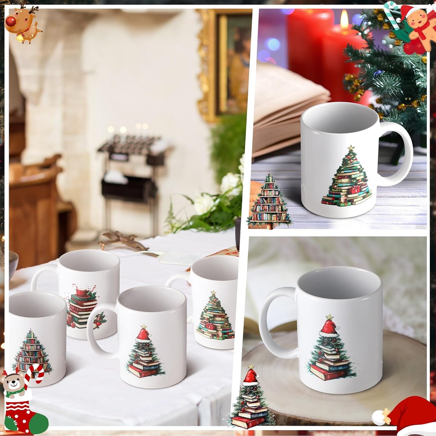 4 Pack Stack of Books Coffee Mug Book Tree 12 oz Christmas Ceramic Coffee Mugs Porcelain Bookworm Cups Bookish Book Lovers Gifts for Women Men Readers Writer Librarian Gifts