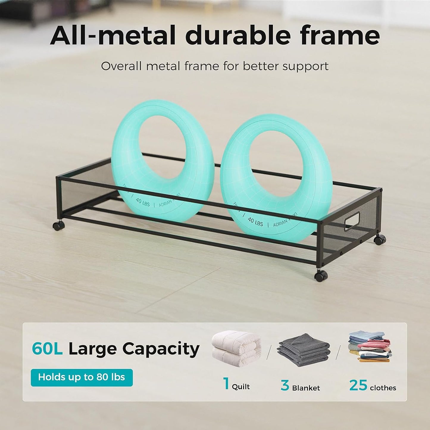 oylik Large Under Bed Storage with Wheels, Metal Under Bed Storage Containers with Clear Lid, Handle, Rolling Under Bed Shoe Storage Drawers, Under Bed Storage Bins for Clothes Shoes Books, 2 Pack