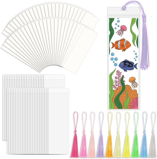50 Sets Bookmark Making Kit, with 50 Clear Bookmark Sleeves, 50 Colorful Tassels, 60 Kraft Paper Blank Bookmarks, DIY Bookmarks for Party, Decoration, Teaching or Record Reading Experience