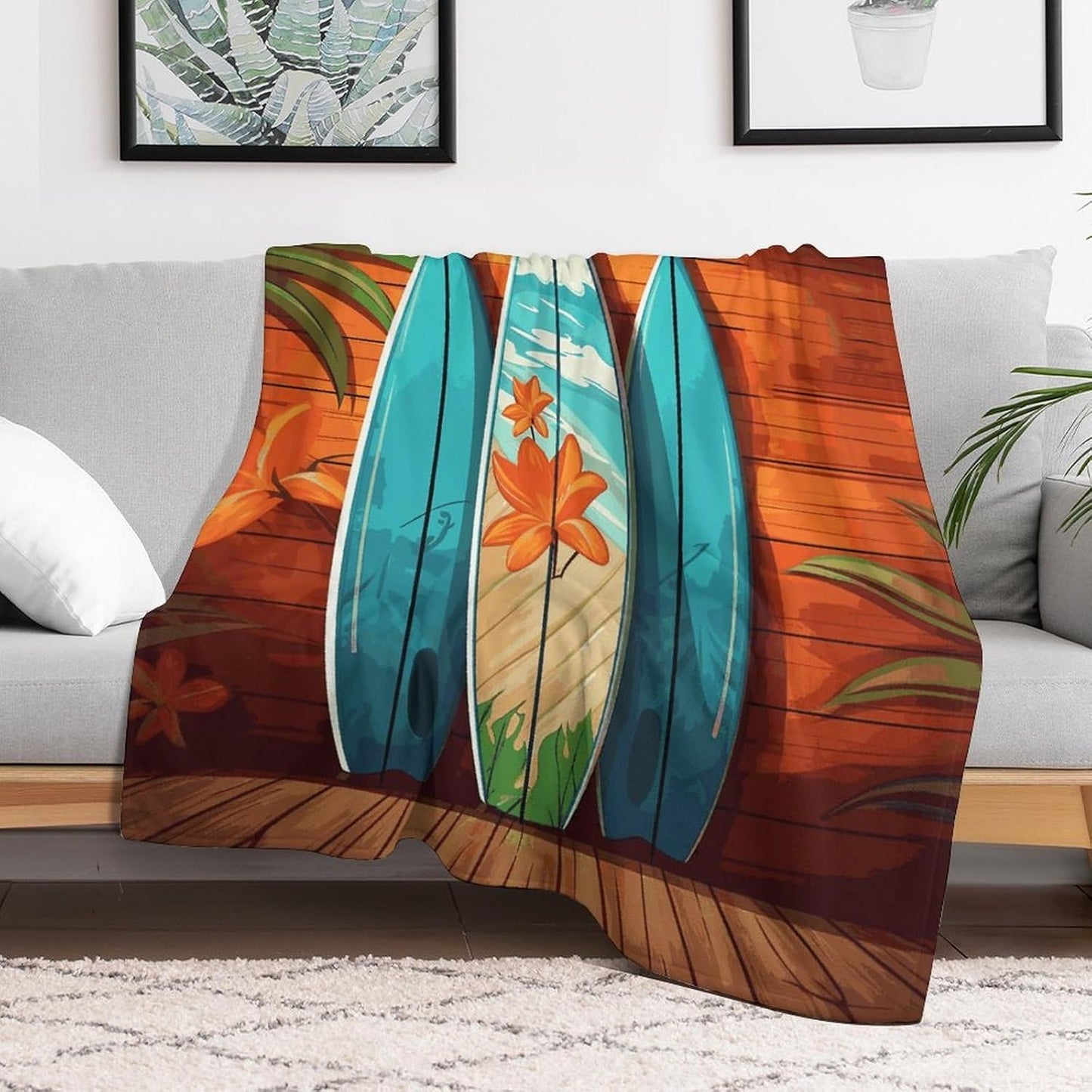 Surfboard on Wooden Blanket Super Soft Lightweight Throw Blanket Cute Cozy Warm Bed Blanket Decorative Fuzzy Blanket All-Season Home Decor Gift for Sofa Couch Living Room 30"*40"（76 * 100cm）