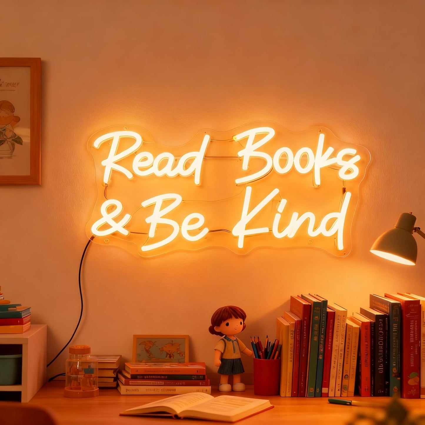Read Books And Be Kind Neon Sign for Wall Decor, Dimmable Neon Light Signs for Bedroom LED Signs for Classroom Bookstore Library Study Reading Study Room Decoration