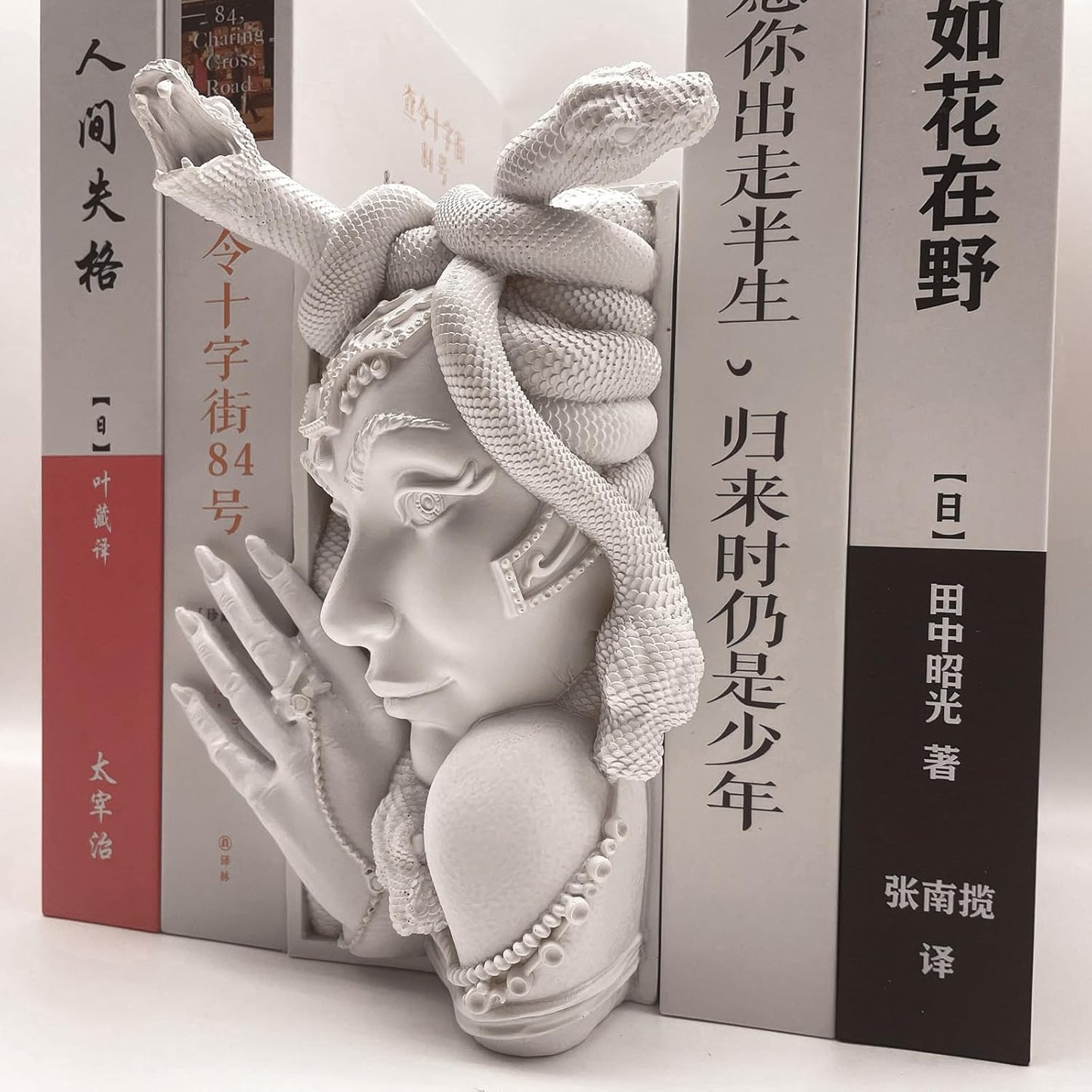 Medusa Head Book Nook, Unique Snake Women Face Decorative Bookends, Heavy Duty Book Stopper for Home Office Desk, Vintage Shelf Decor (White)