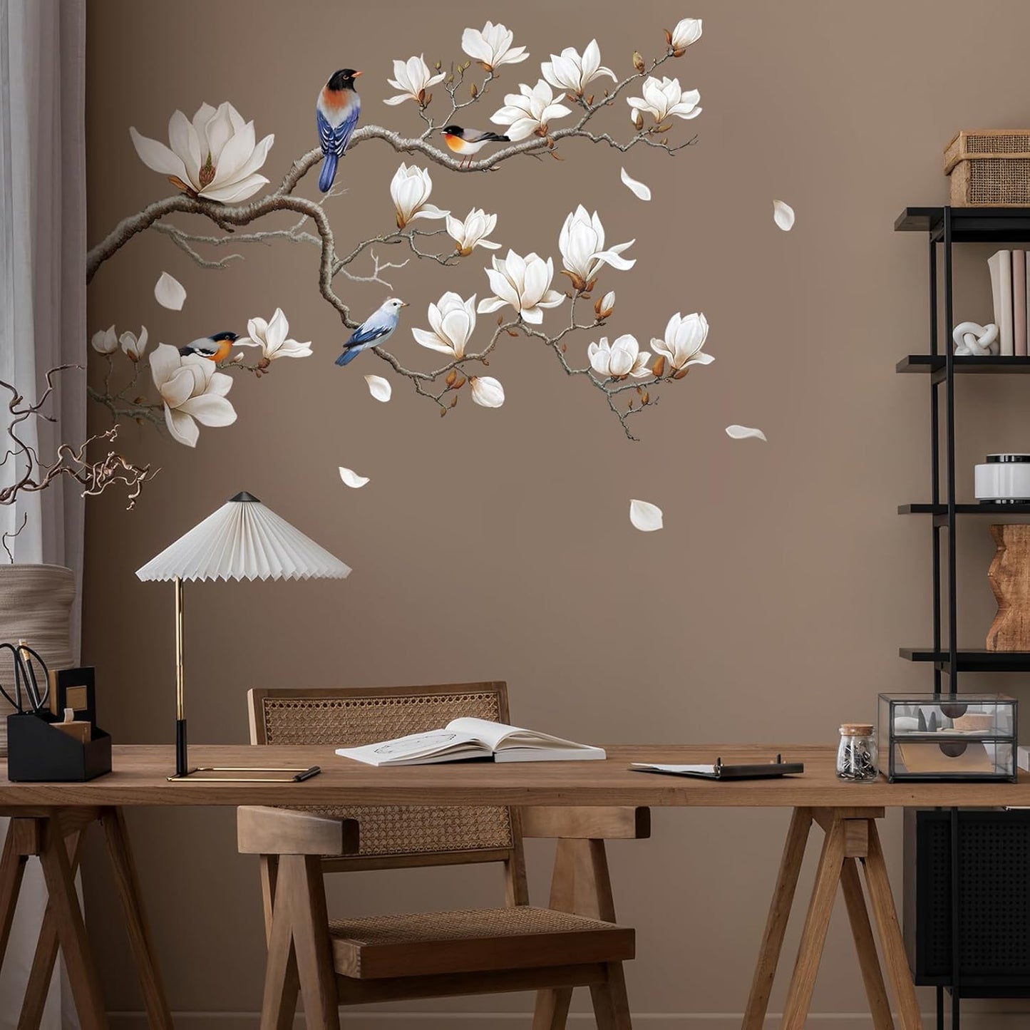 SHUCHING White Magnolia Tree Wall Decals Peel and Stick, Trees Flowers Wall Decor Stickers, White Branches Corner Wall Art(Left)