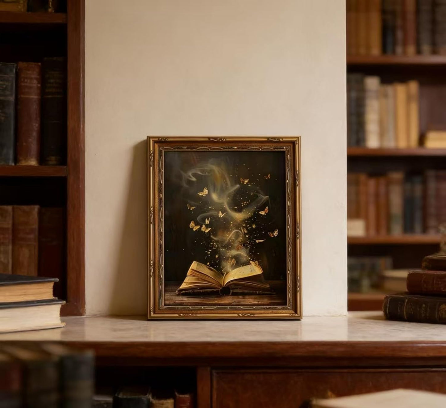 Vintage Gold Framed Victorian Bookish Wall Art Dark Academia Library Fantasy Mystical Canvas Print Reading Nook Butterfly Aesthetic Picture Wall Decor Gothic Bookclub Poster Artwork for Library