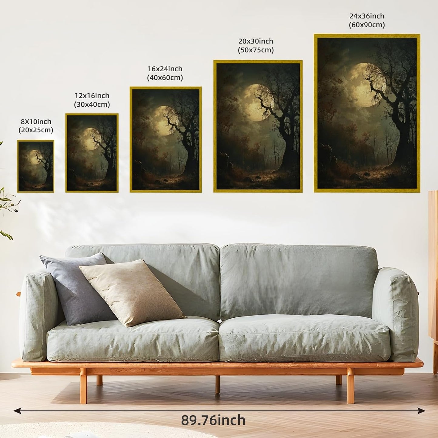 Balsuka Moody Forest with Full Moon Wall Art Vintage Gothic Moonlight Poster Dark Aesthetic Decor Nature Canvas Print Victorian Mystical Landscape Painting for Bedroom Bathroom 8x12inch Golden Frame