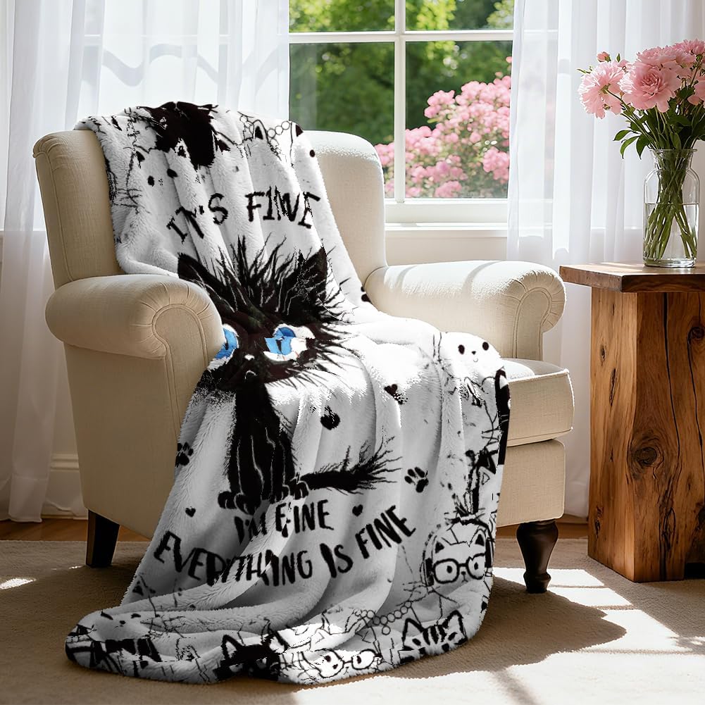 WADORN Funny Cat Throw Blanket, Cozy Soft Cute It’s Fine Kitten Throw Blanket Fuzzy 500GSM Flannel Fleece Blankets Plush Cats Lover Gift for Woman Office Living Room Sofa Bed Couch Chairs, 59x51 Inch