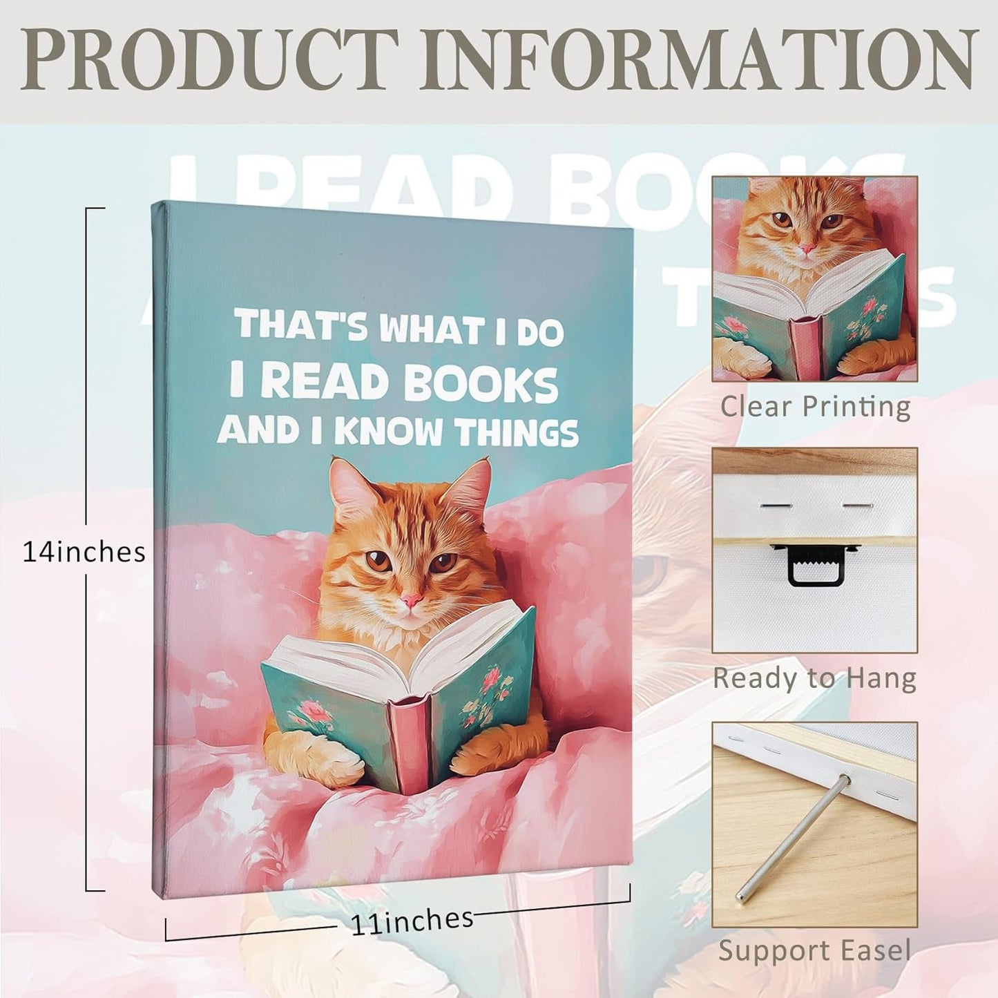 PHAMTE Funny Cat Reading Book Wall Art Decor Canvas 11x14, Orange Cat Bookworm Book Club Pictures Decorations, Bookish Pink Aesthetic Framed Prints Artwork for Reading Room Corner Nook Library Decor