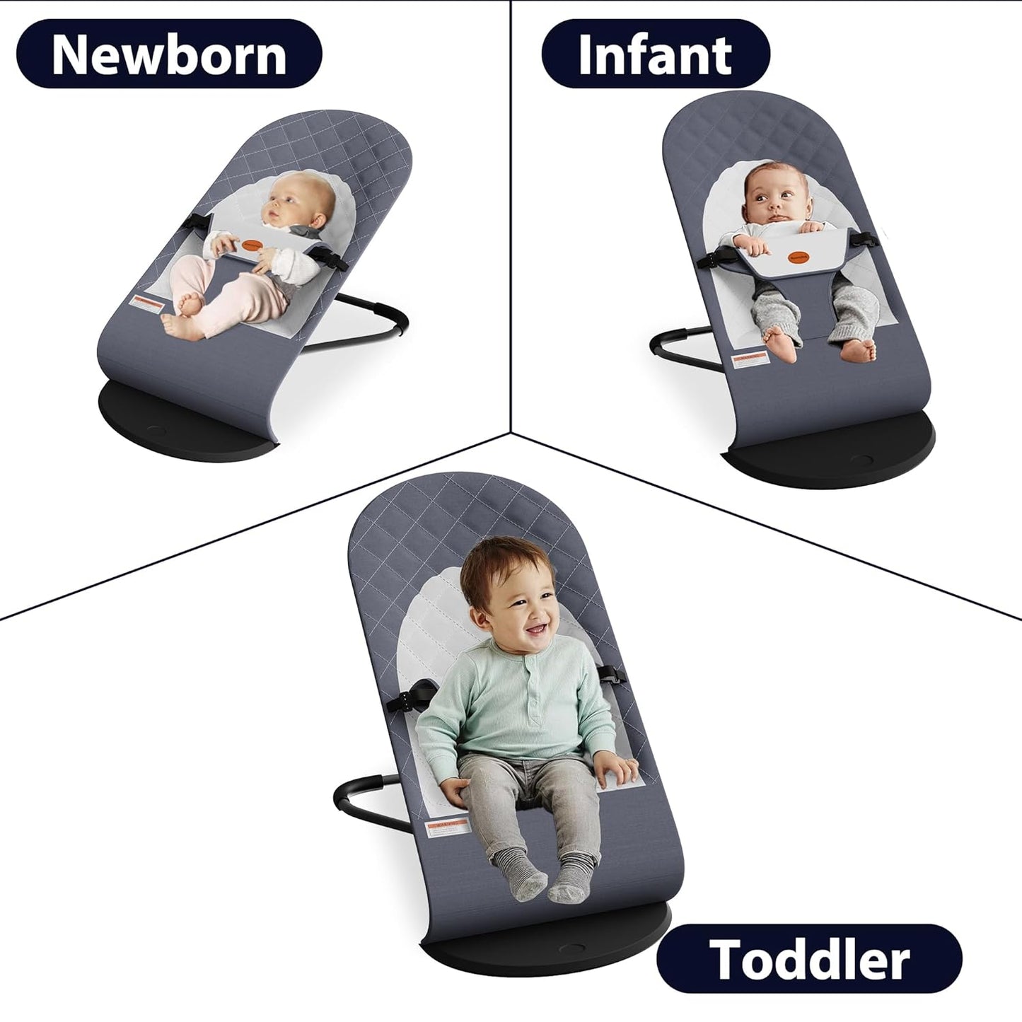 Portable Baby Bouncer Seat for Infants, 0-18 Months, 3 Modes of Use with Rocker & Stationary Options, Ergonomic Infant Chair with Hanging Toys – Grey