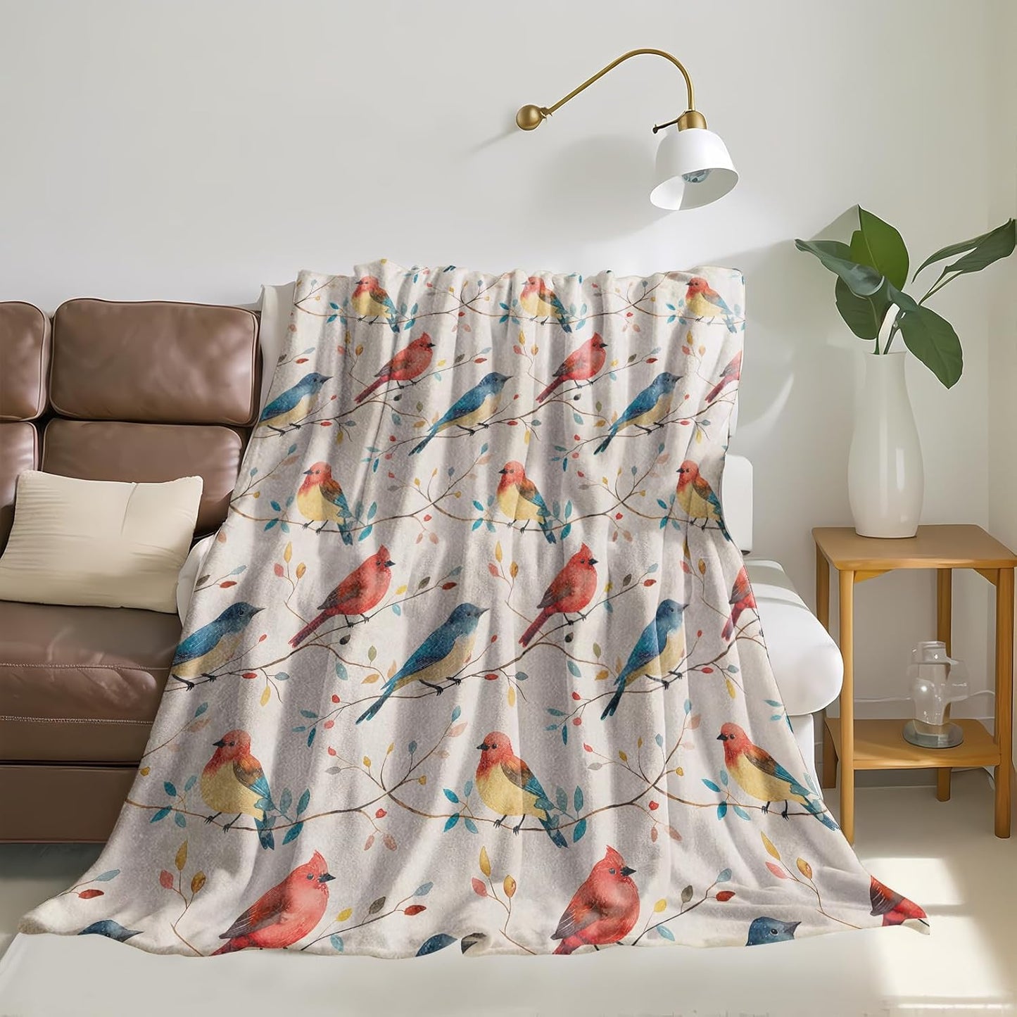 Bird Throw Blanket, Warm Flannel Blankets Colorful Birds and Branch and Beige Background, Vintage Nature Decor and Gifts, Soft Cozy Throws, 50"X60" for Bedroom Couch Travel Office