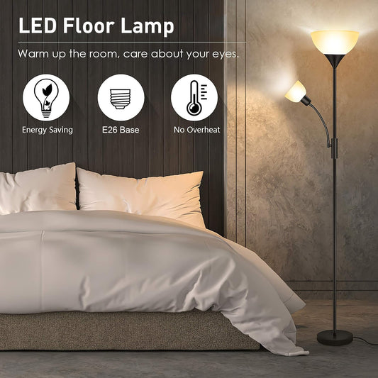 Floor Lamp, Standing Lamp, Torchiere Floor Lamp with Adjustable Reading Lamp, 71" Tall Pole Lamps, 3 Way Switch, Plastic Lampshade, Corner Floor Lamps for Living Room, Bedroom(E26 Base, No Bulb)-Black