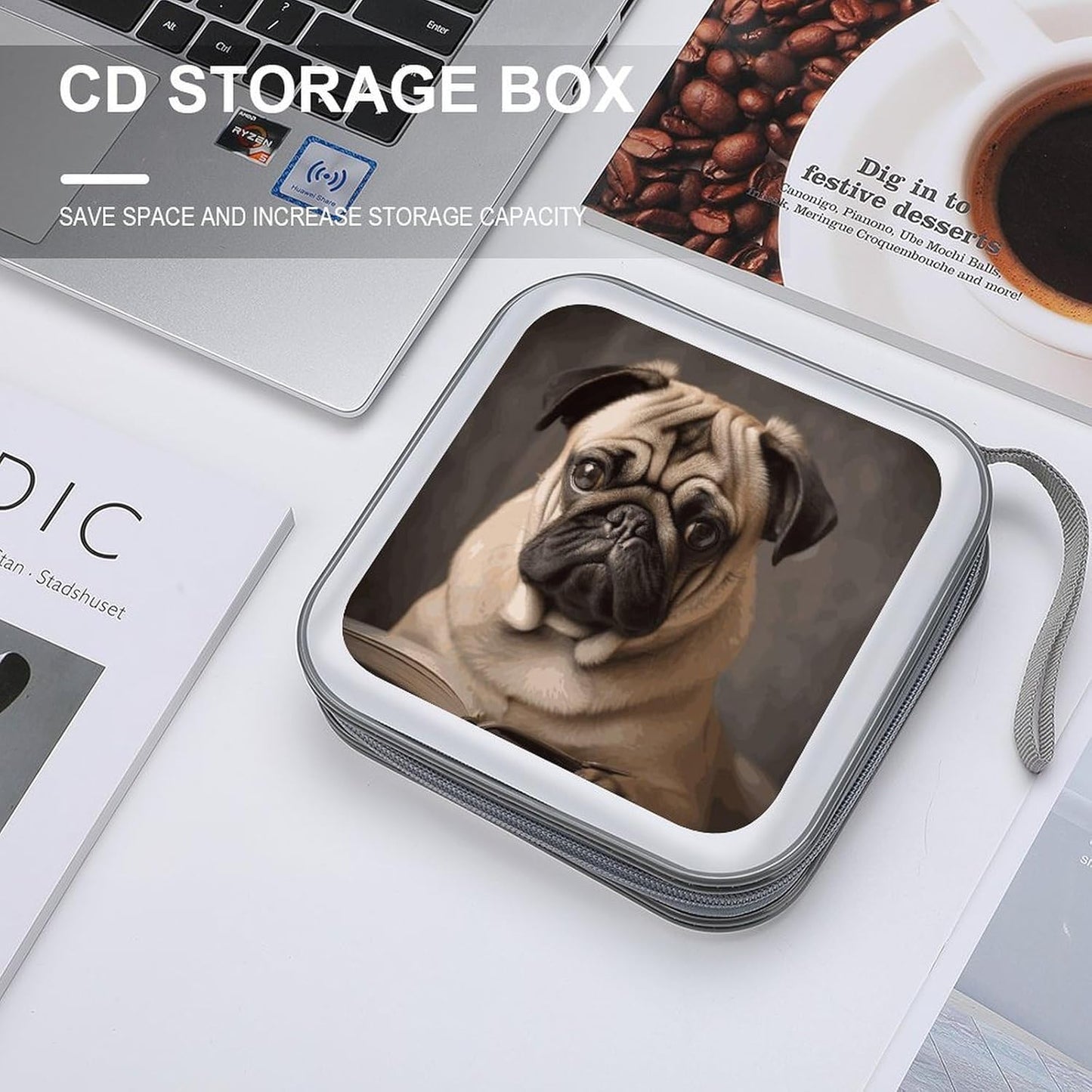 Animal Pug Dog CD Case 40 Capacity Case Zipper CD Collection Bag with Handles Cover DVD Storage Hard Plastic DVD Disc Cases Storage Binder for Car Home Office Travel