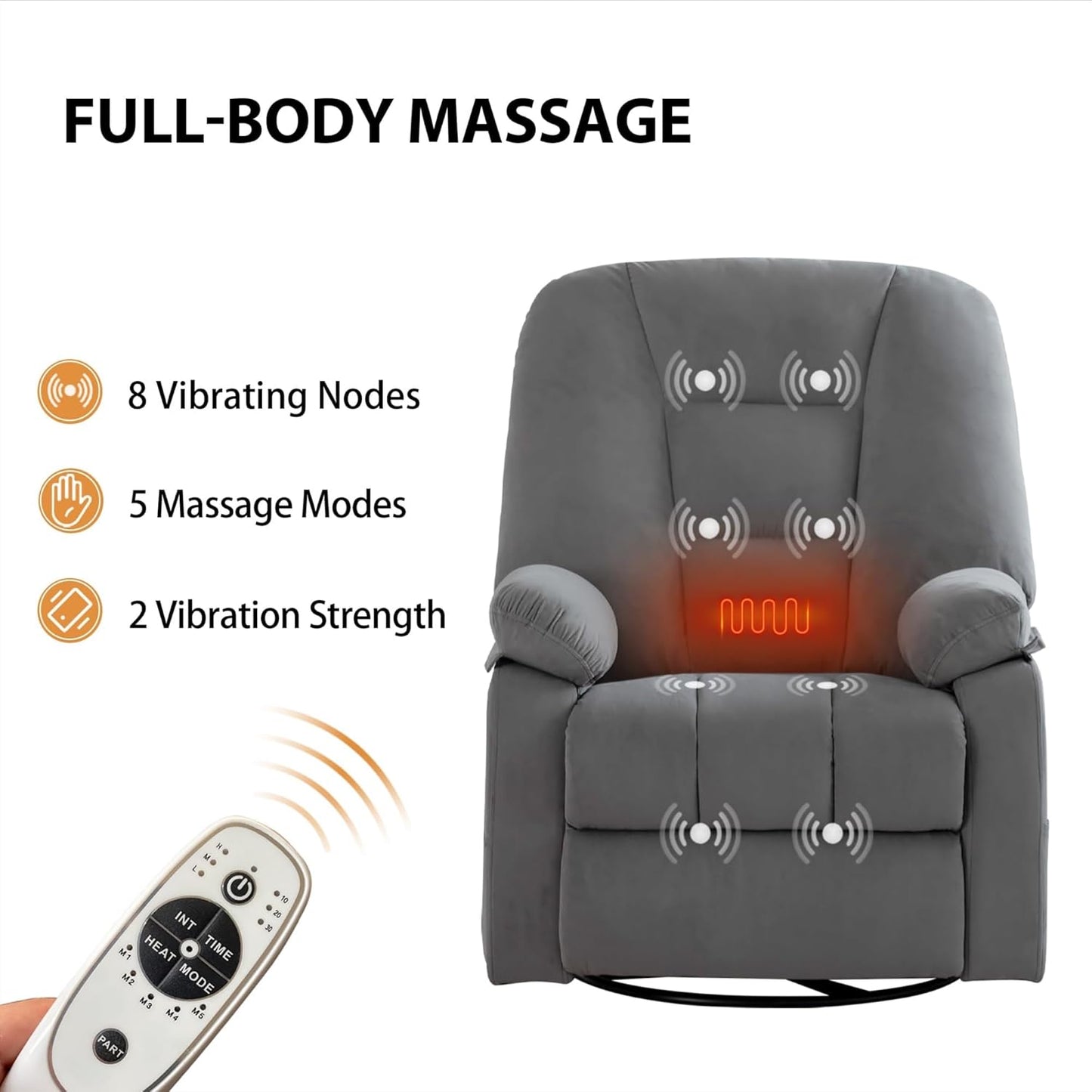 Velvet Grey Soft Fabric Power Swivel Rocker Recliner with Massage Heat USB Type C Port Infinite Position Electric Glider Chair Living Room