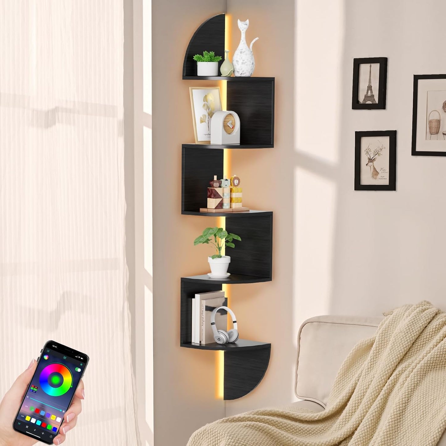 Waipfaru Corner Shelf, 5 Tier Bookshelf with LED Light, Corner Shelf Wall Mounted, Floating Shelves for Wall, Display Stand for Bedroom, Living Room, Bathroom, Home, Office, Black